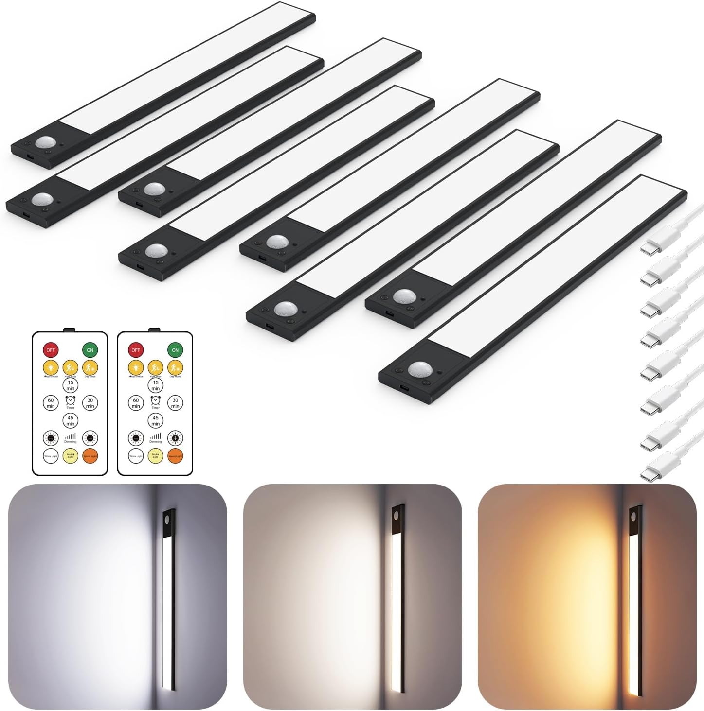 12" Ultra-Thin Under Cabinet Lighting Cordless, Aluminum Alloy Under Counter Lights for Kitchen, 3-Color-Temps Magnetic Closet Lights, Rechargeable Motion Sensor Light Indoor (8 Pack, Black)