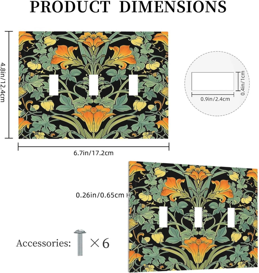 Decorative Switch Plates William Morris Vintage Floral Green Yellow 3 Gang Wall Plate Triple Toggle Light Switch Cover Faceplate Electrical Wall Panels for Bedroom Home Decor