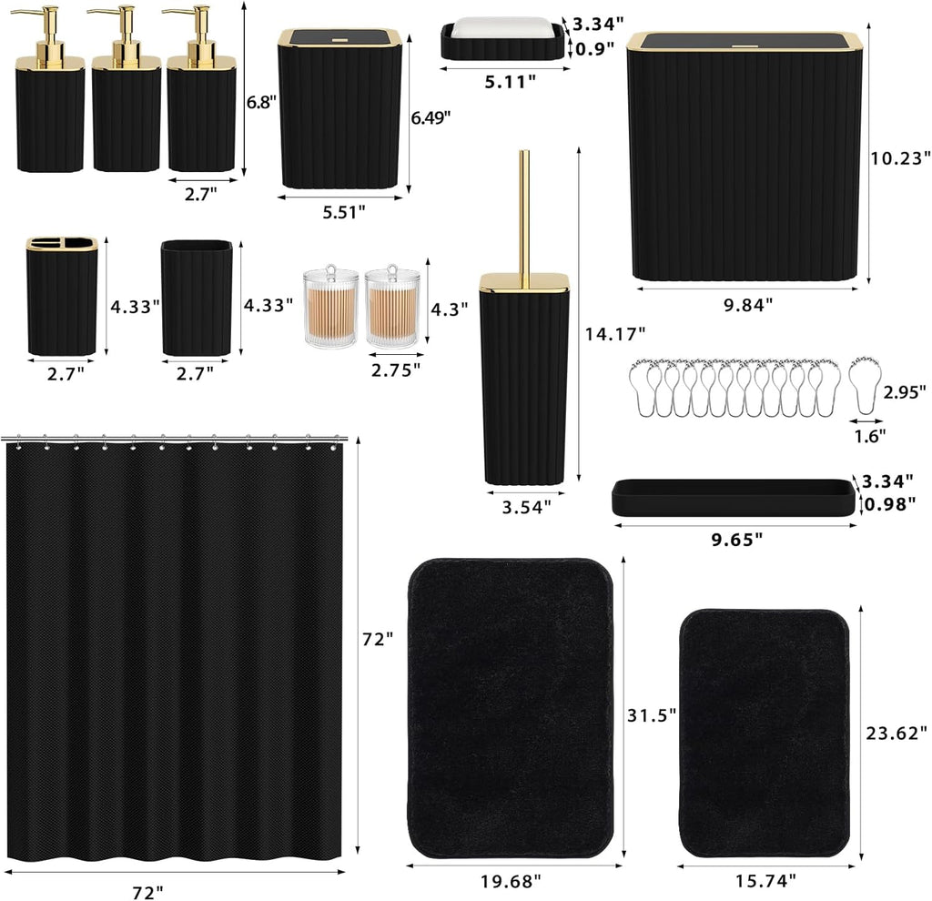 Bathroom Accessory Set - Bathroom Set, 27PC Bathroom Accessories Set, Black Bathroom Sets with Shower Curtain and Rugs, Mini Trash Can, Toilet Brush, Trash Can & Soap Dispenser