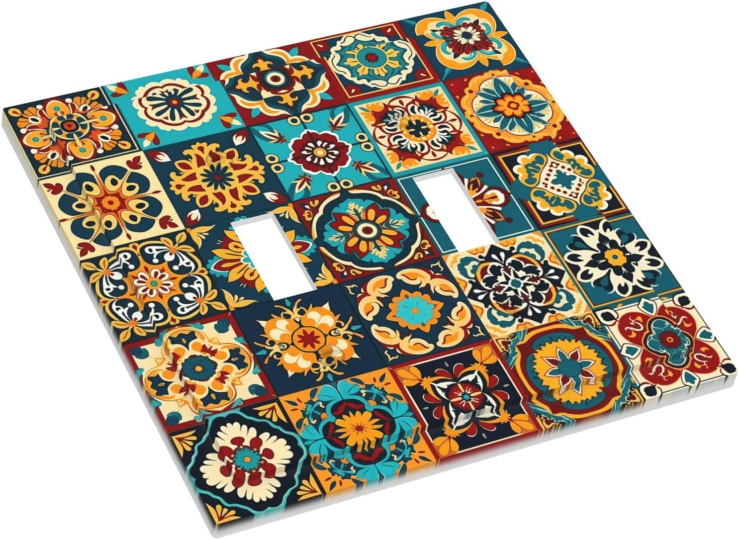 Mexican Talavera Ceramic Tile Moroccan Boho Decorative Switch Plates 2 Gang Double Toggle Outlet Light Switch Cover Wall Plate Electrical Faceplate for Bathroom Kitchen Decor