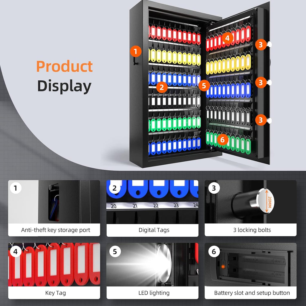 XDeer 122-Keys Key Lock Box Wall Mount with Advanced Anti-Theft Deposit Key Slot & LED Light, Key Cabinet with Combo and Key Lock, Key Safe for Hotels & Office & Companies & Car Dealerships