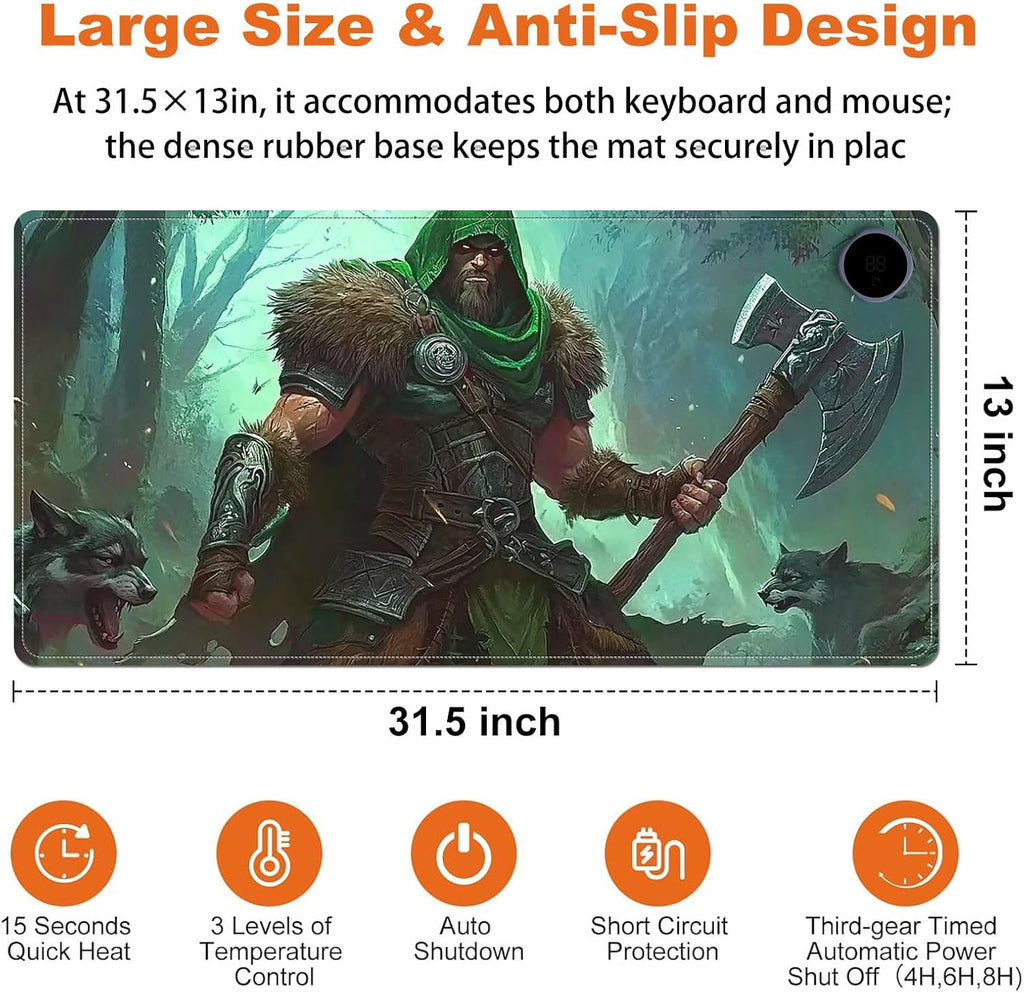 Heated Mouse Pad for Desk 31.5" x 13" – PU Leather Warm Desk Pad with 3 Heat Levels (104°F/113°F/122°F), Plug-in Electric Heating Mat with Auto Shut-Off, Waterproof & Rollable, Wild Hunter