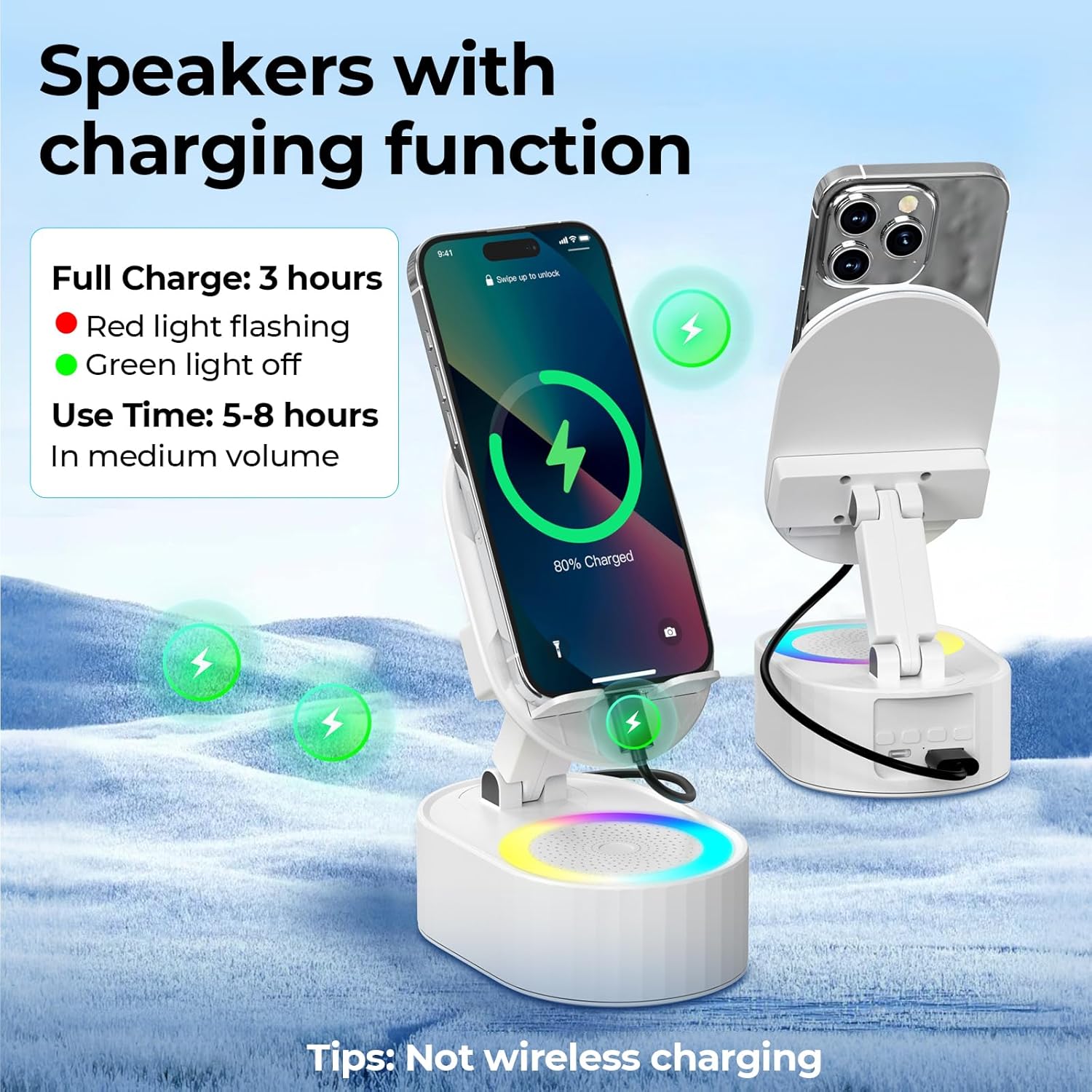 Wireless Induction Audio Bluetooth Speaker 5in1 Phone Holder Emergency Rechargeable (3000mAh) with Colorful Ambient Light 300° Foldable for Tablet iPhone Android, Gifts for Men Women (White)