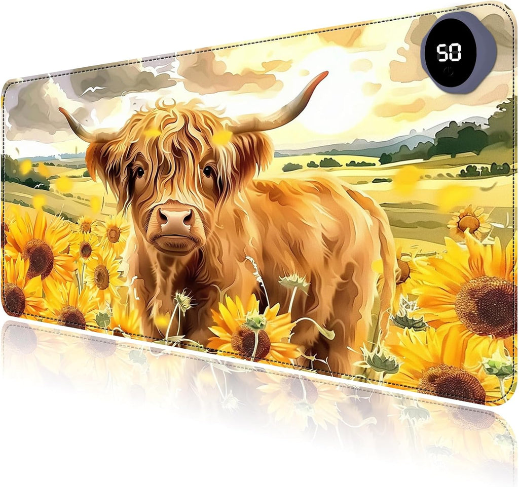 Heated Mouse Pad with 3 Levels Heated & 3 Hours Auto Shut-Off Mouse Pad for Warming Hands in Office Home, 31.5" x 13"Large Safe Desk Mat Hand Warmer，Sunflower Highland Cow