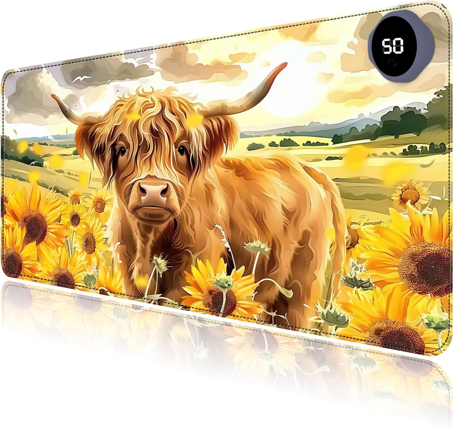 Heated Mouse Pad with 3 Levels Heated & 3 Hours Auto Shut-Off Mouse Pad for Warming Hands in Office Home, 31.5" x 13"Large Safe Desk Mat Hand Warmer，Sunflower Highland Cow