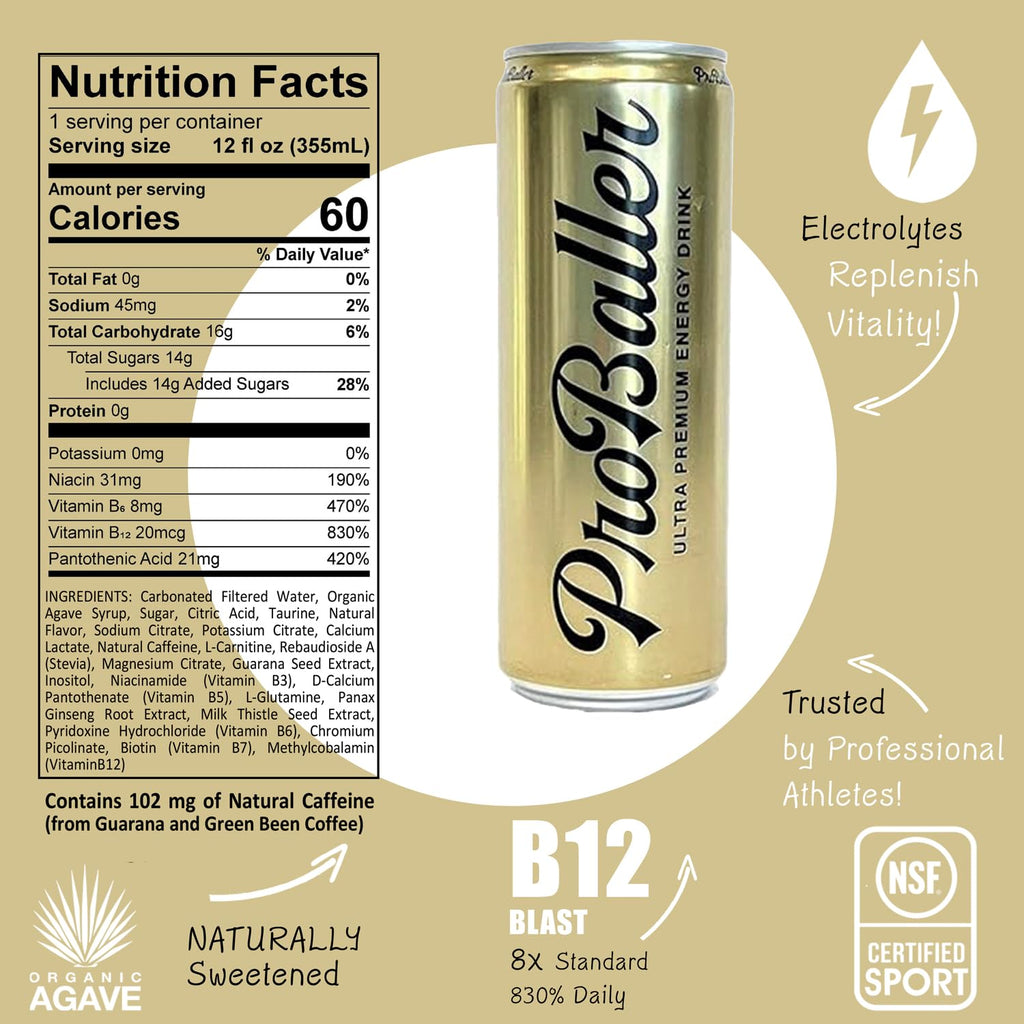 ProBaller Ultra Premium Energy Drink - Natural Clean NSF Certified Sport Drink with Amino Acids, Taurine, Biotin, Organic Agave, Vitamin B 12 Methylcobalamin, & Electrolytes - 15 Pack - Citrus