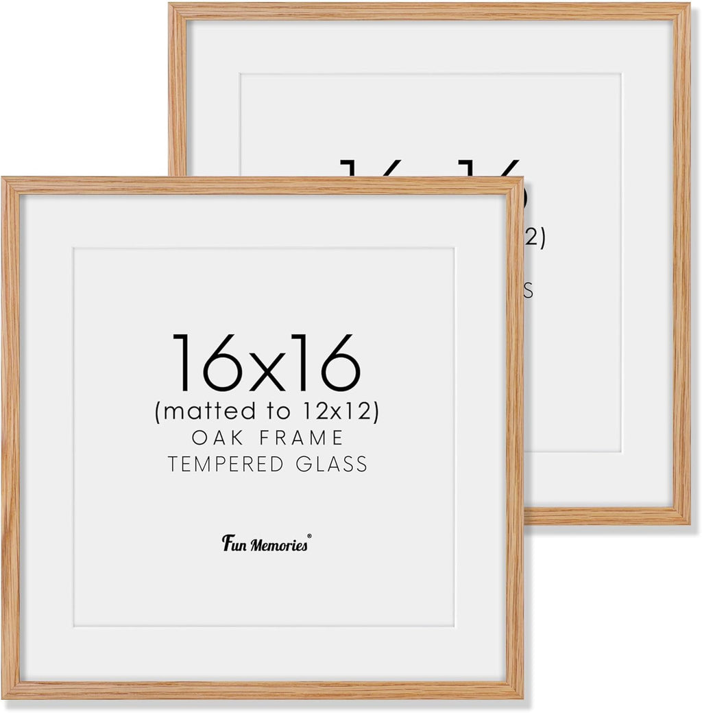 16x16 Picture Frames, Solid Oak Wood Photo Frame 16 by 16, Rustic Wooden Square Picture Frame with Tempered Real Glass, 16 x 16 Square Frame Matted to 12 x 12, Natural Color, Set of 2