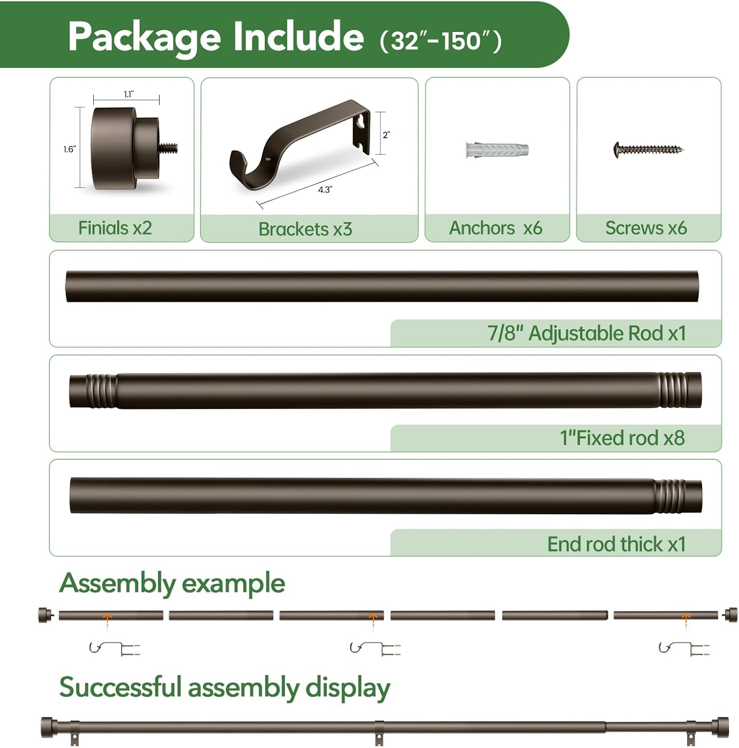 Curtain Rods for Windows 72 to 144, 1 Inch Adjustable Heavy Duty Long Window Drapery Rods with End Caps, Indoor Outdoor Curtain Rod for Patio Bedroom, Size 32" - 150", Antique Bronze