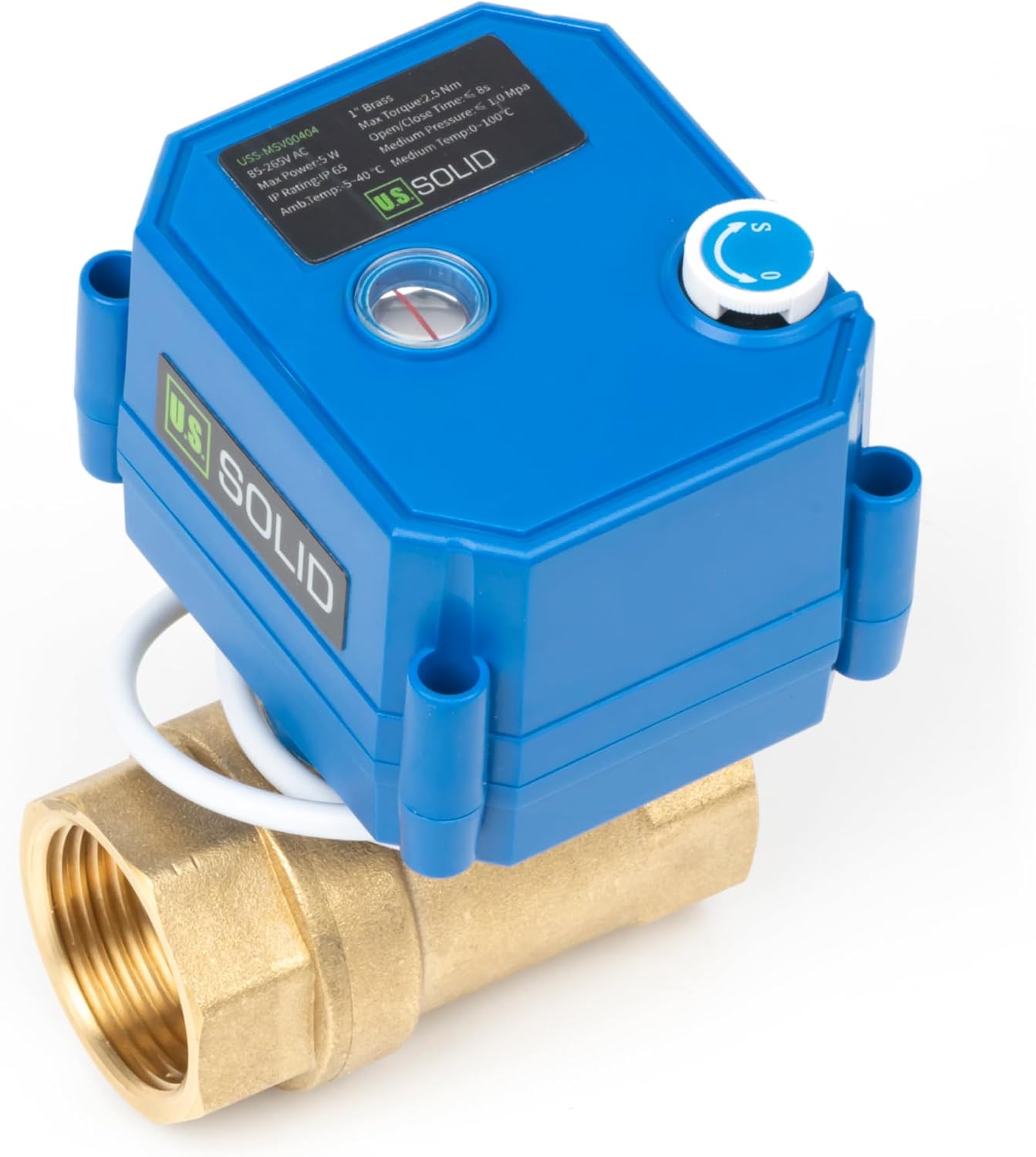 U.S. Solid Motorized Ball Valve with Manual Function - 1" Brass, Standard Port, 85-265V AC, 2-wire Automatic Return, Normally Closed