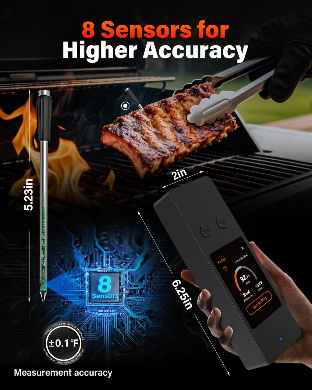 Bluetooth Wireless Meat Thermometer with App, Touch Screen, Audible Alarm, 2 Probes, 800ft Range & Rechargeable Base, Kitchen Food Thermometer for Cooking, BBQ, Smoker | Stocking Stuffers for Men