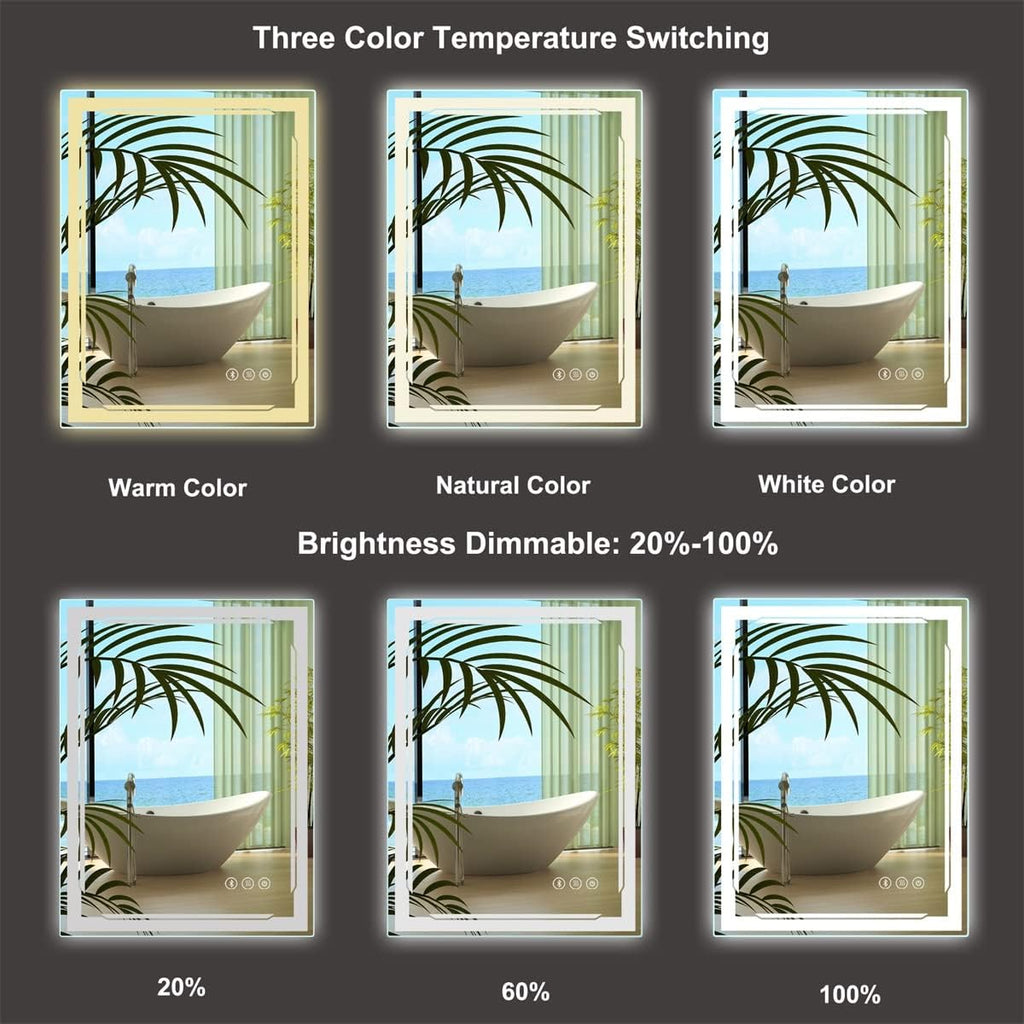 24''X32'' LED Bathroom Mirror with Lights, Built-in Bluetooth Speaker, Anti-Fog Dimmable 3 Lights Setting Backlit + Front Lit, Lighted Vanity Makeup Wall Mirrors, Shatter-Proof IP65 Waterproof