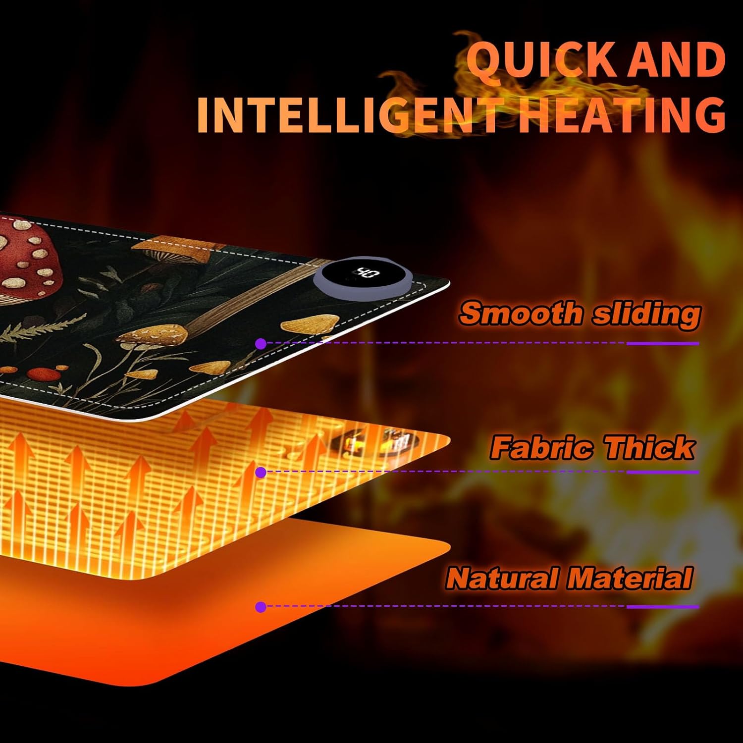 Heated Mouse Pad 31.5x13 in 3-Temp Fast Heating Desk Mat with Auto Timer Warmer for Hands Wrist Pain Relief Waterproof Keyboard Mat for Office, Gaming, Home, Mushroom Forest