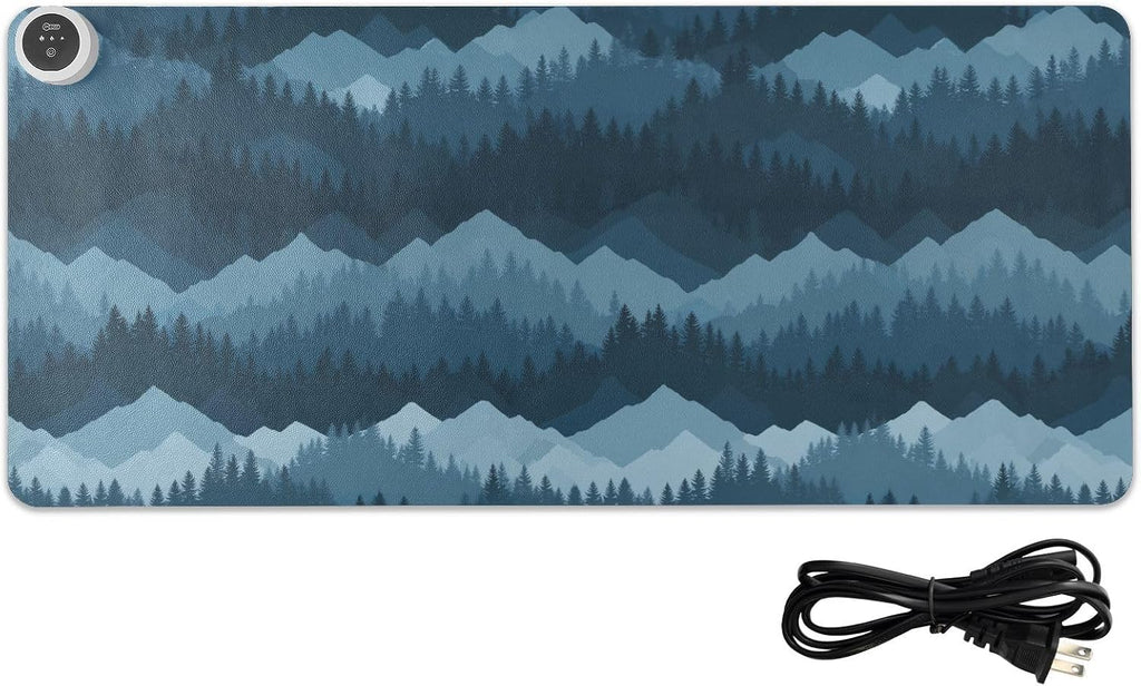 Heated Desk Pad Mouse Pad 31.5x13 Inch PU Leather Desk Mat with 3 Heat Levels Large Mouse Gaming Computer Laptop Mat Blue Mountains and Pine Trees