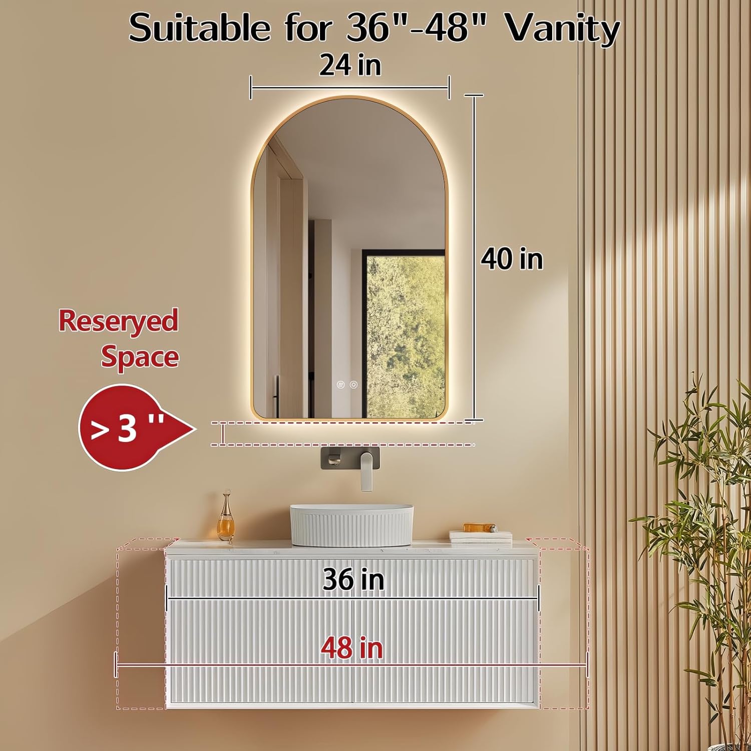 Niccy Arched LED Lighted Bathroom Mirror, 40x24 Inch Backlit Vanity Bathroom Mirror with Lights Brushed Gold Framed Wall Mounted Mirrors with 3 Color Shatterproof Arch Smart Fog Free Mirror