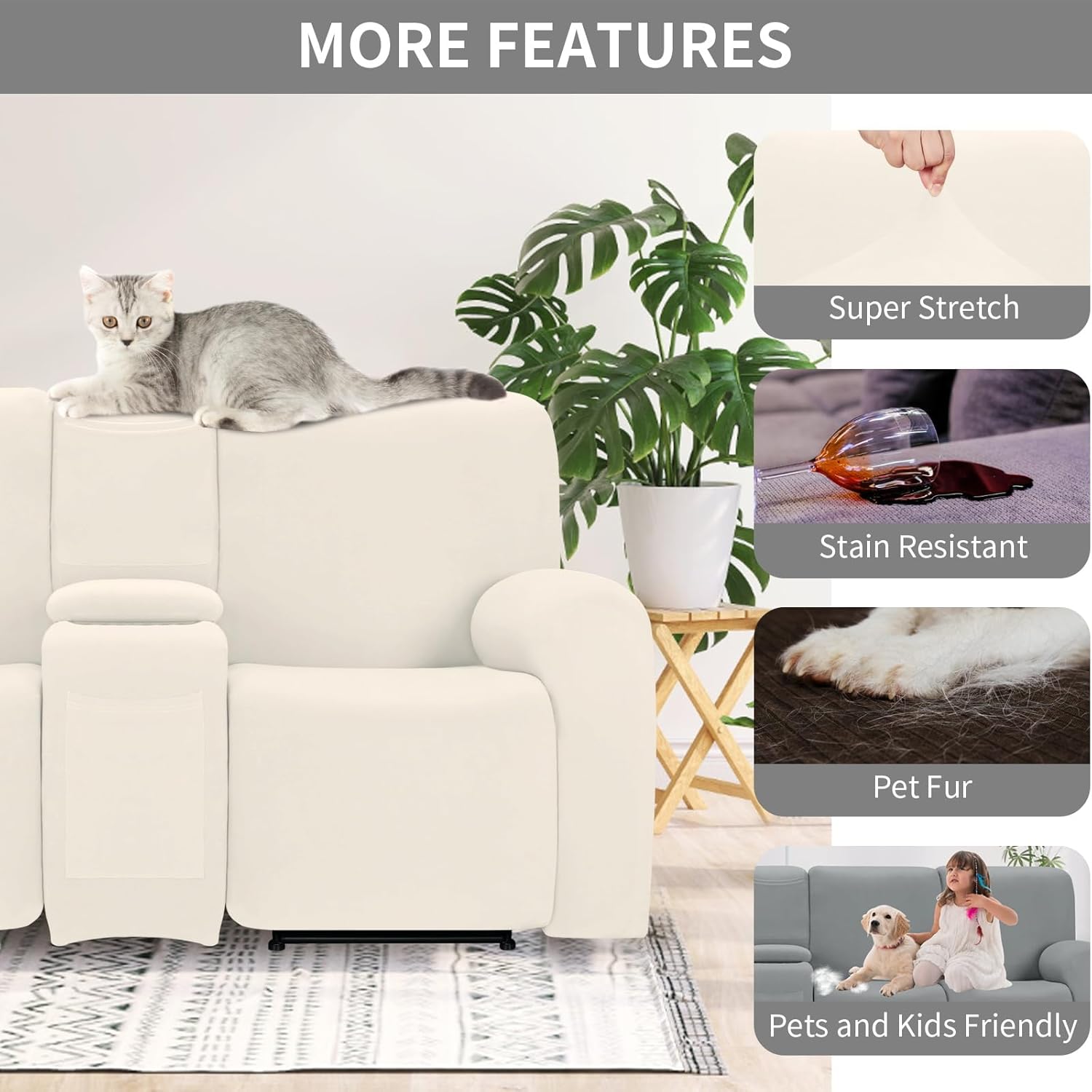 Easy-Going 100% Waterproof Recliner Cover, Stretch Couch Covers for Reclining Couches, Extra Large Sectional Sofa Slipcover, L-Shape Furniture Protector for Kids & Pets, 5 Seater, Beige