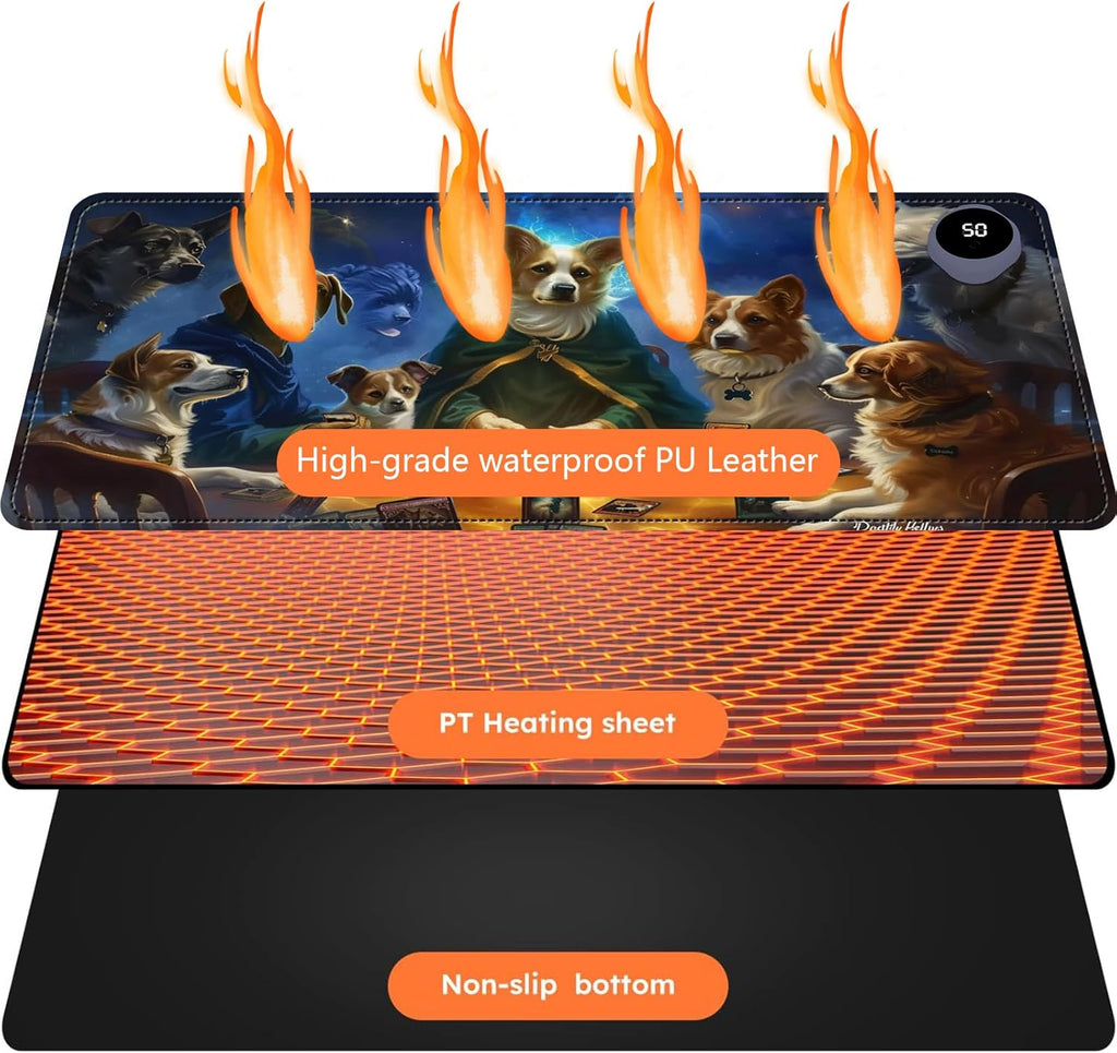 Heated Mouse Pad with 3 Levels Heated & 3 Hours Auto Shut-Off Mouse Pad for Warming Hands in Office Home, 23.6" x 14.2"Large Safe Desk Mat Hand Warmer，Dog Cards