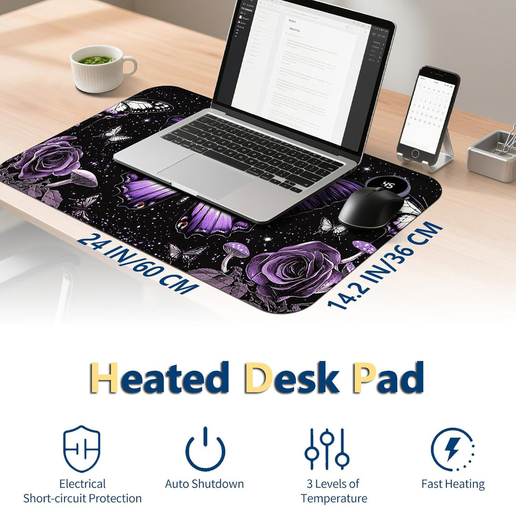 Heated Mouse Pad with 3 Temperature Settings(104°F–122°F),Large 24x14.2 Inch PU Leather Heated Desk Mat,Waterproof Warming Pad for Office,Gaming & Cold Hands Relief,Purple Butterfly Flower