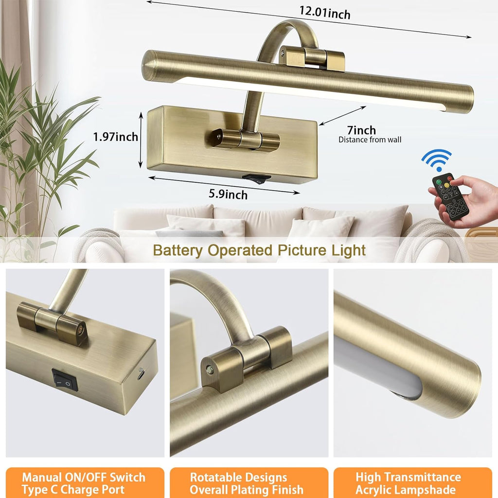 Wireless Picture Lights for Wall,12 Inch Battery Operated Picture Light,3CCT Dimmable Lights for Pictures on Wall with Timer and Remote for Display Photo Frame (Antique Bronze, 12inch)
