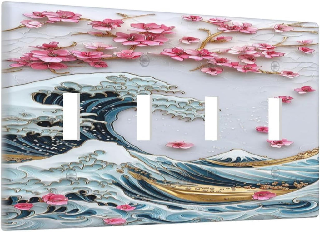 Light Switch Covers The Great Wave Off Kanagawa With Sakura Quad Toggle Electrical Faceplate 4 Gang Wall Plate Decorative Switch Plates for Bedroom Bathroom Decor