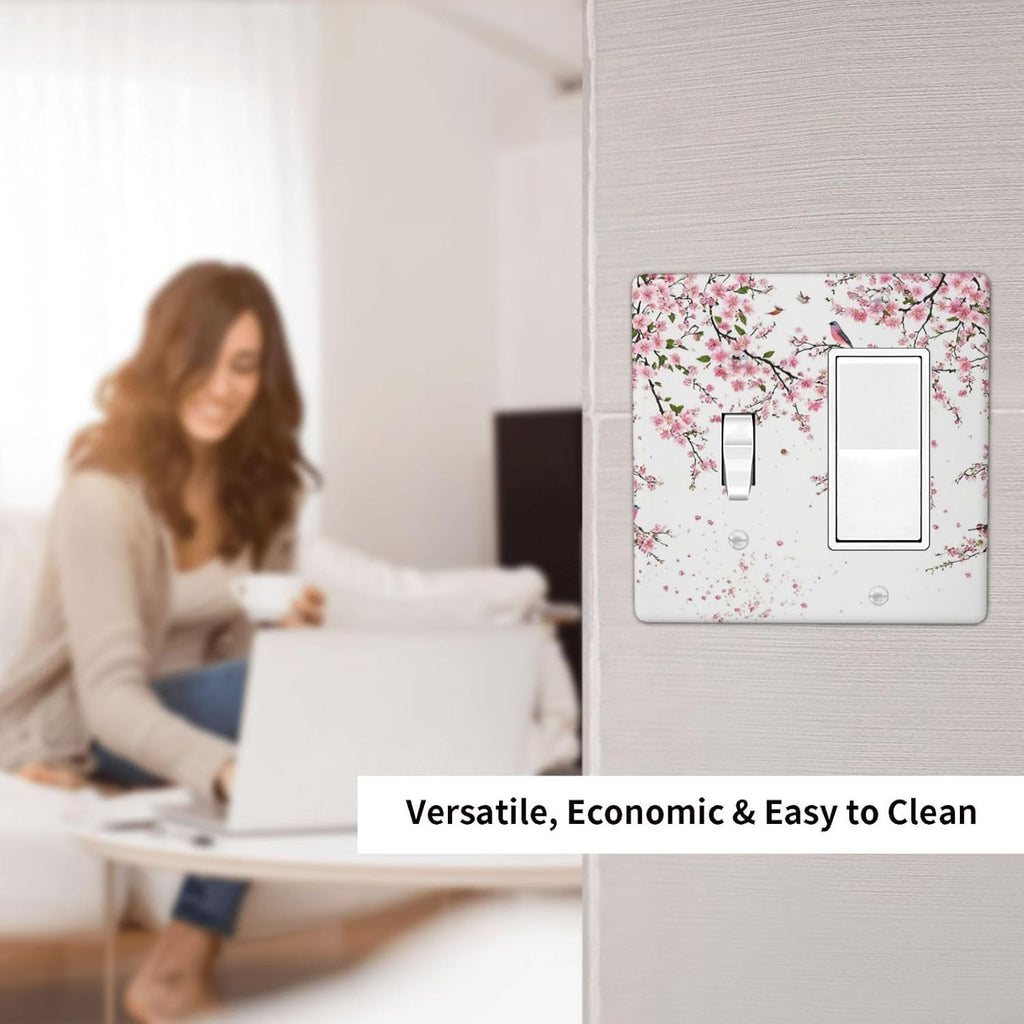 Decorative Outlet Covers Rustic Plum Blossom Pink Flowers 2 Gang Wall Plate Single Toggle 1 Rocker Light Switch Cover Switch Plate Covers Faceplate for Home Bedroom Decor
