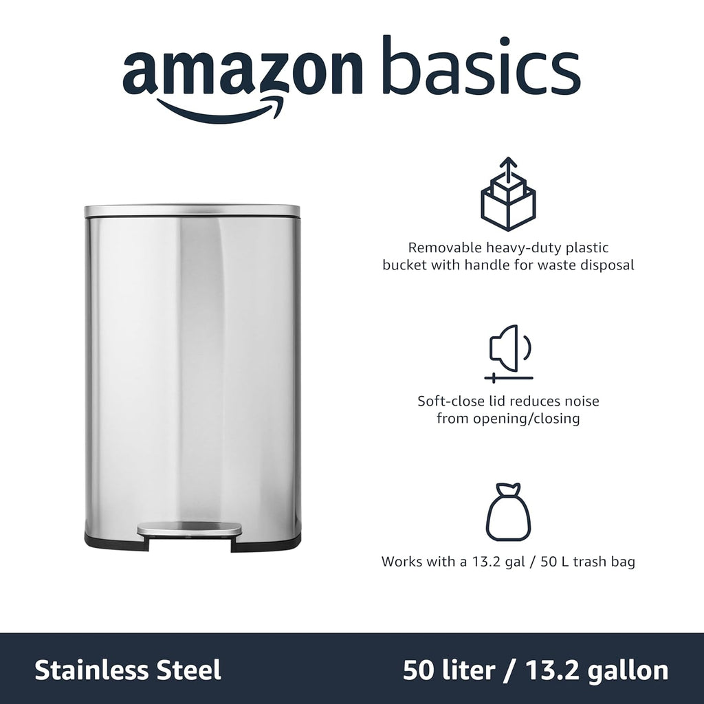 Amazon Basics Smudge Resistant Rectangular Trash Can With Soft-Close Foot Pedal, Brushed Stainless Steel, 50L/13.2 Gal, 16.7x14.7x25.9 in, Satin Nickel Finish