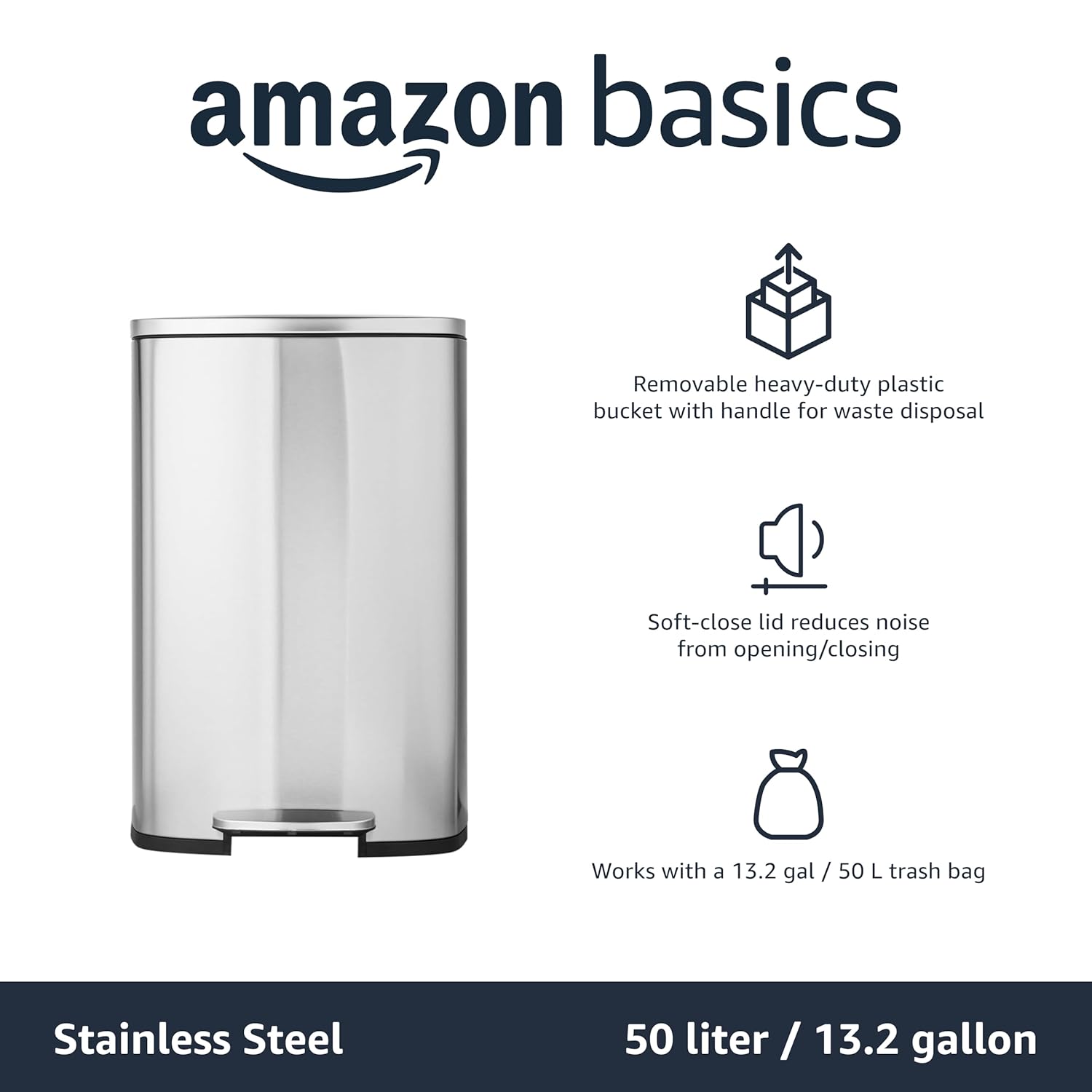 Amazon Basics Smudge Resistant Rectangular Trash Can With Soft-Close Foot Pedal, Brushed Stainless Steel, 50L/13.2 Gal, 16.7x14.7x25.9 in, Satin Nickel Finish