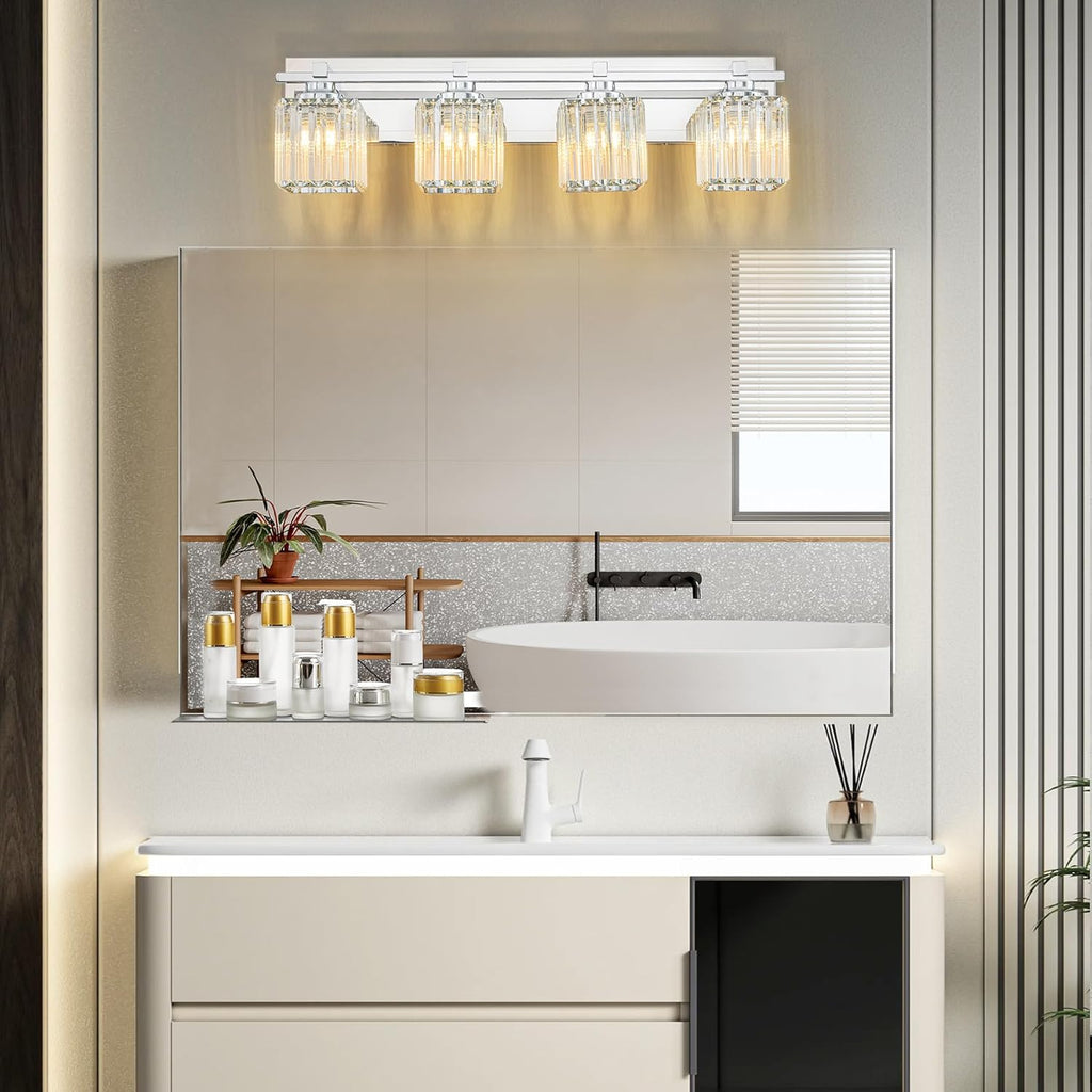 Crystal Bathroom Light Fixtures, 4 Light Chrome Vanity Lighting Over Mirror with Crystal Shades, Modern Bathroom Vanity Light for Restroom, Bath, Cabinet and Powder Room