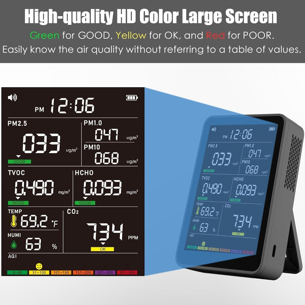 Professional Indoor Air Quality Monitor with AQI, Portable Real-Time Detector for Home Cars Plants and Pets (Black)