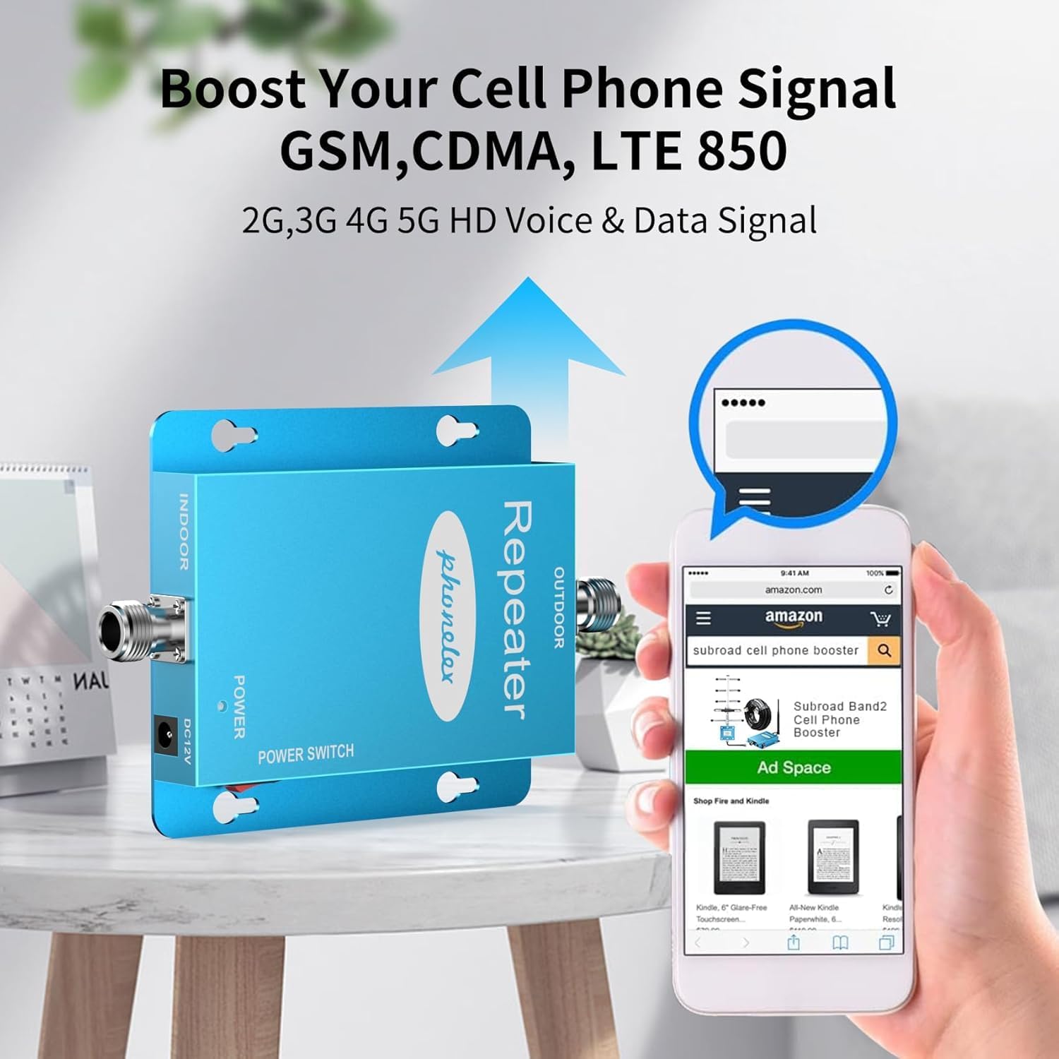 Cell Phone Signal Booster for Home & Office | Boost 5G, 4G LTE & 3G CDMA Signal for Band 5/850MHz | 65dB Verizon Cell Phone Booster with High Gain Antennas Up to 2000 Sq Ft | FCC Certified