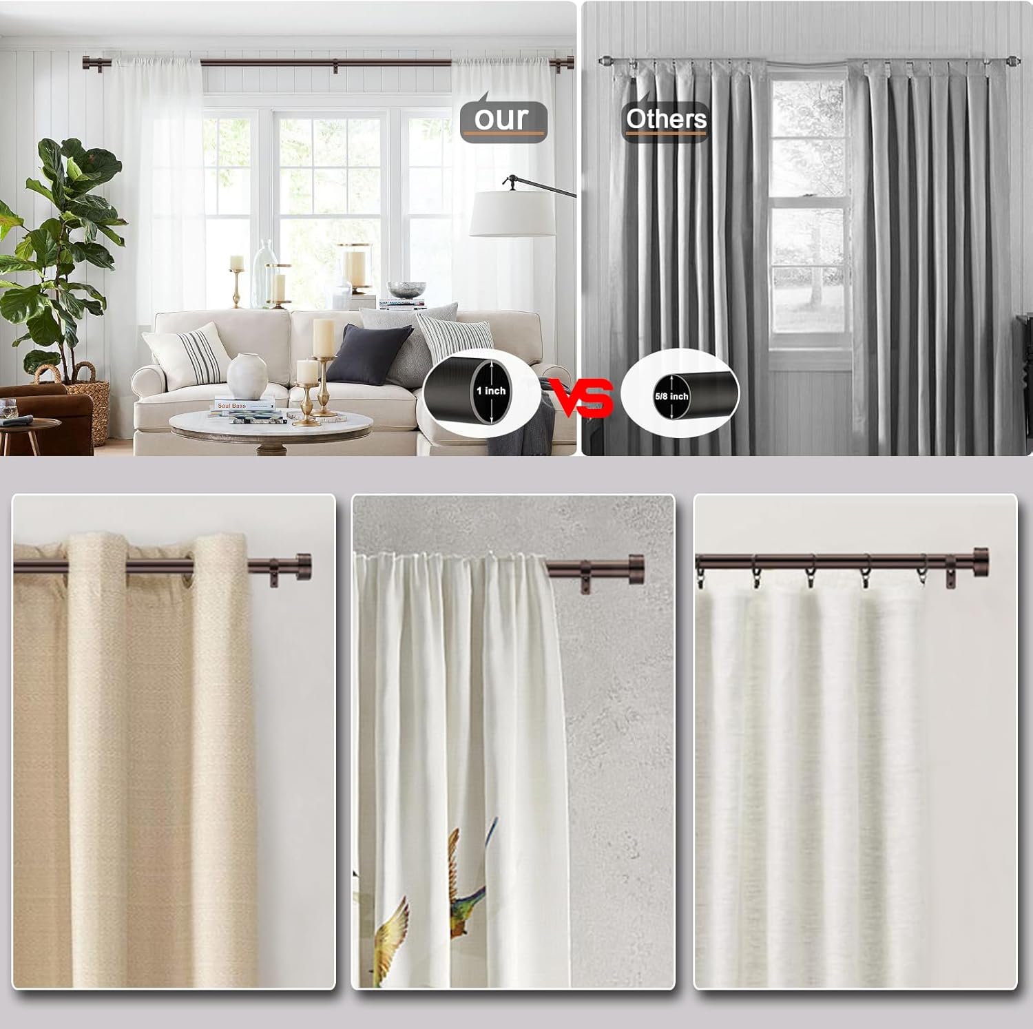 Adjustable Curtain Rods-18 to 144 Inches,1 Inch Modern Metal Drapery Rods, Adjustable Heavy Duty Curtain Pole with Simple End Caps