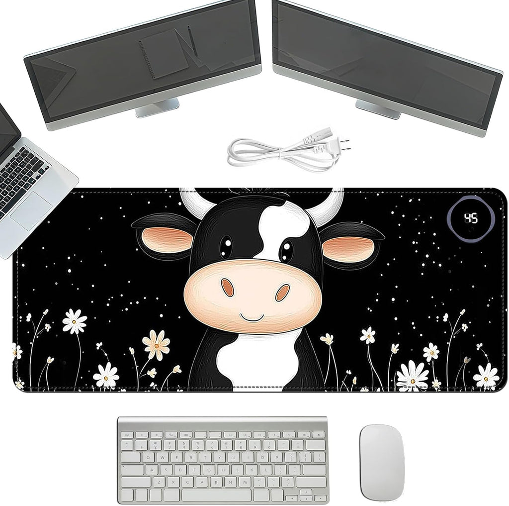 Heated Mouse Pad with 3 Temperature Settings(104°F–122°F),Large 31.5x13 Inch PU Leather Heated Desk Mat,Waterproof Warming Pad for Office,Gaming & Cold Hands Relief,Cute Black White Cow