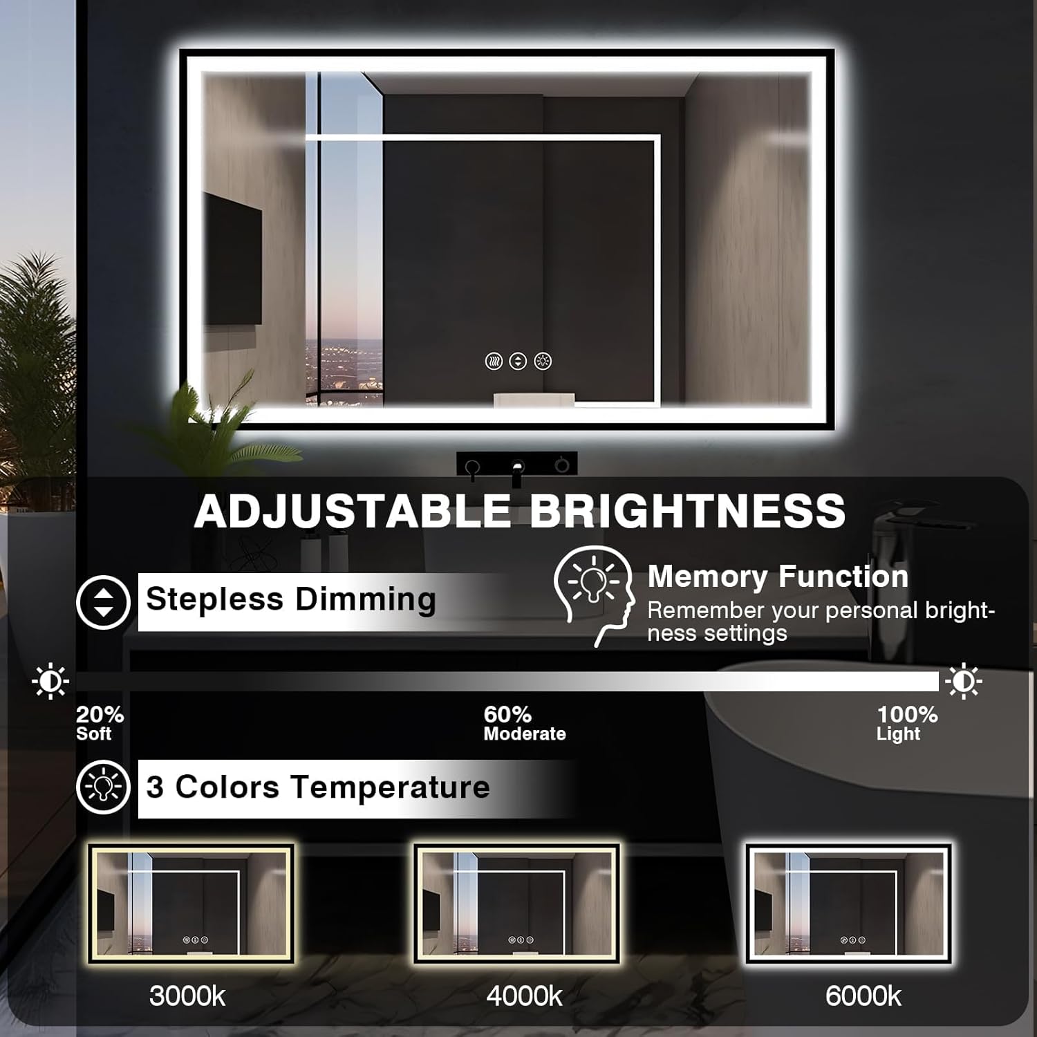60x30 Large LED Bathroom Vanity Mirror -Black Aluminum Framed (Front and Backlit),Anti-Fog Illuminated Bathroom Mirror,Stepless 3 Colors Dimmable LED Smart Mirror(Horizontal/Vertical)