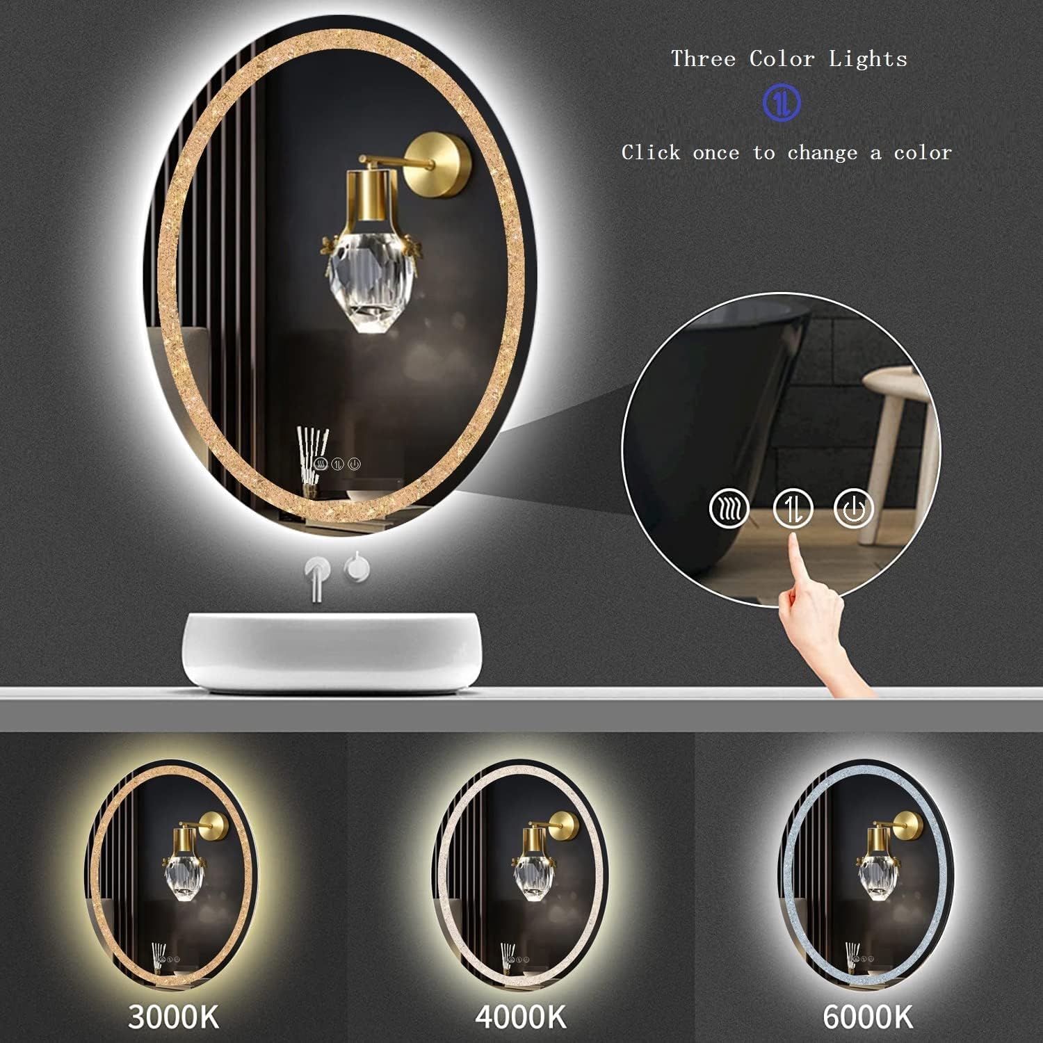 LED Oval Crystal Bathroom Vanity Mirror with Lights - 20x30inch Smart Wall Mirror with 3Color Anti-Fog Dimmable Touch Memory Crystal Light