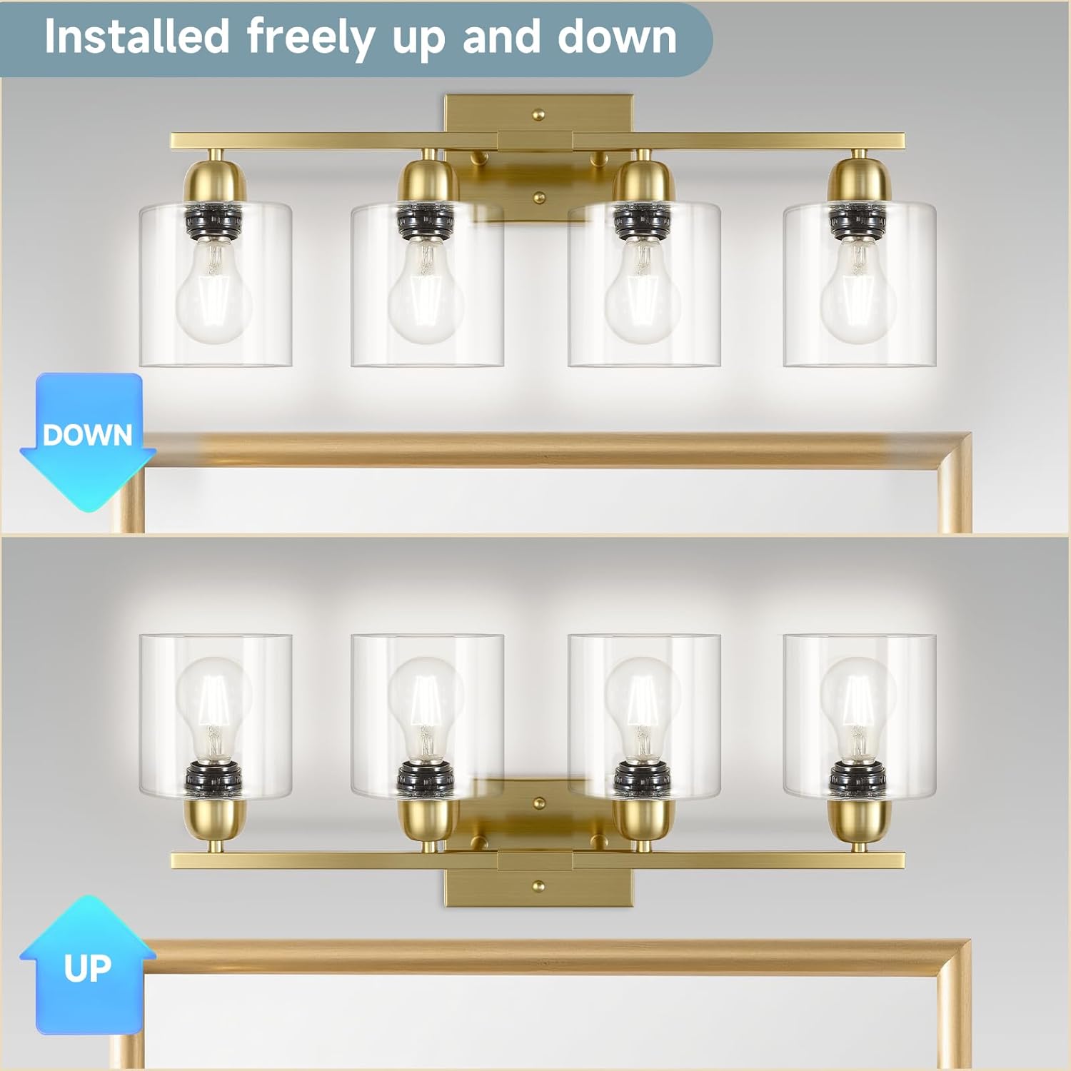 Modern Brushed Gold 4 Light Bathroom Light Fixtures, 24 inch Vanity Lights for Bathroom with Clear Glass, Bathroom Vanity Light for Mirror Kitchen Living Room Hallway Cabinet Porch