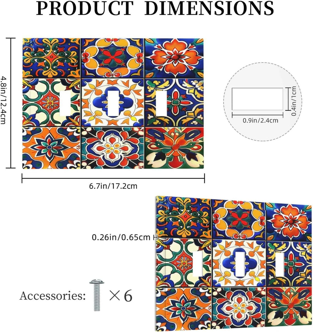 Decorative Switch Plates Colorful Mexican Talavera Vintage Boho Floral 3 Gang Wall Plate Triple Toggle Light Switch Cover Faceplate Electrical Wall Panels For Farmhouse Cabin Decor