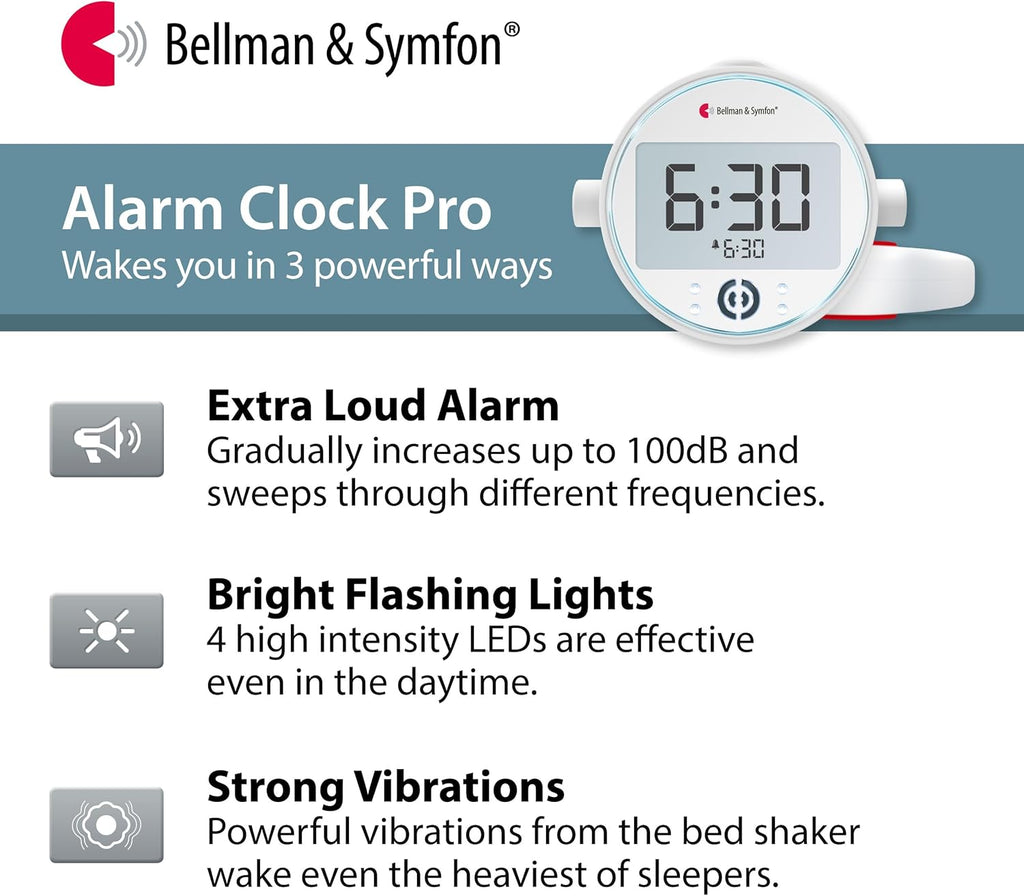 Bellman & Symfon Vibrating Alarm Clock Pro with Bed Shaker - Loud Alarm, Flashing LED Night Lights for Heavy Sleepers, Hard of Hearing and Deaf People - Alarm Clocks for Bedrooms with Backup Batteries