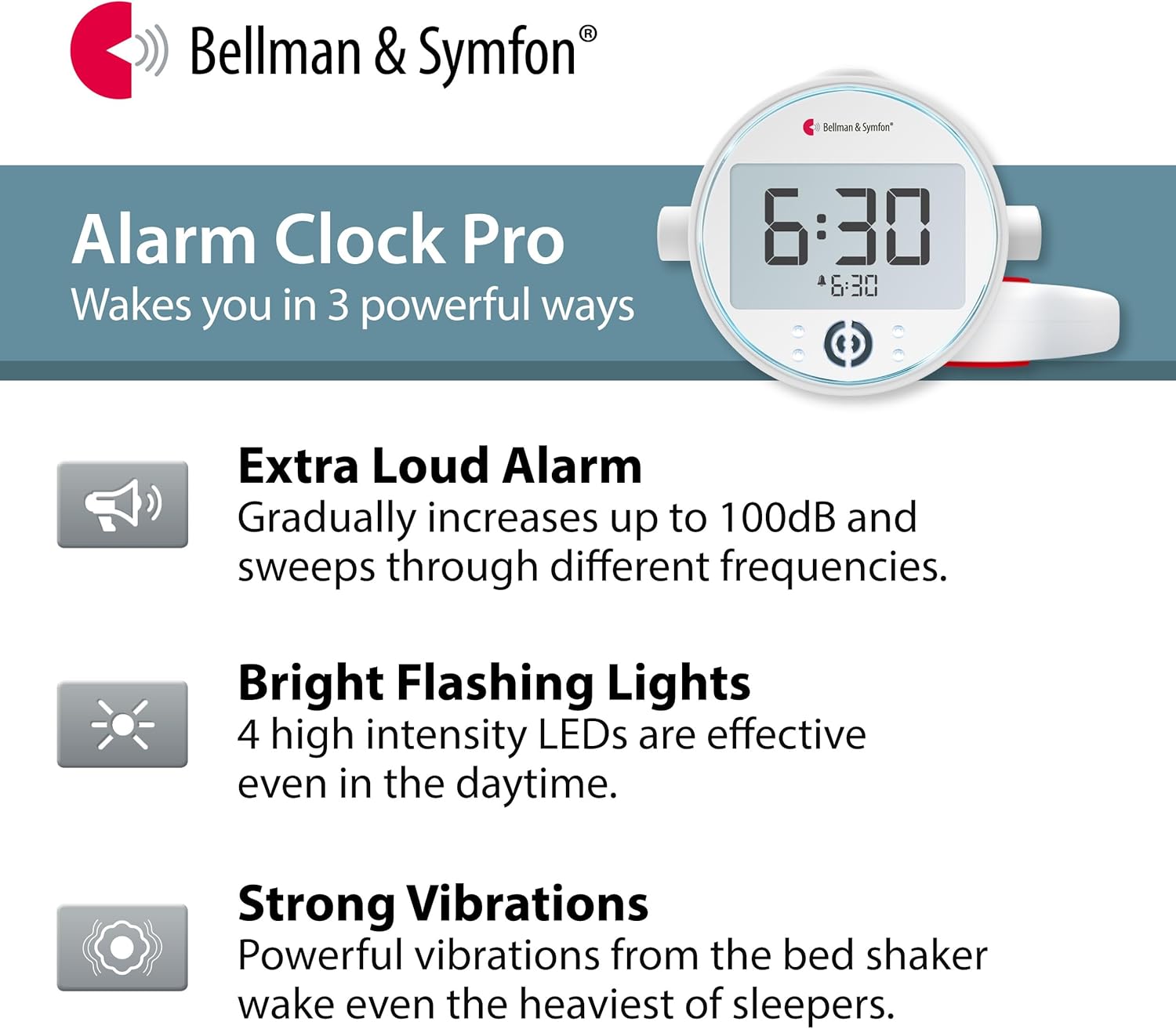 Bellman & Symfon Vibrating Alarm Clock Pro with Bed Shaker - Loud Alarm, Flashing LED Night Lights for Heavy Sleepers, Hard of Hearing and Deaf People - Alarm Clocks for Bedrooms with Backup Batteries