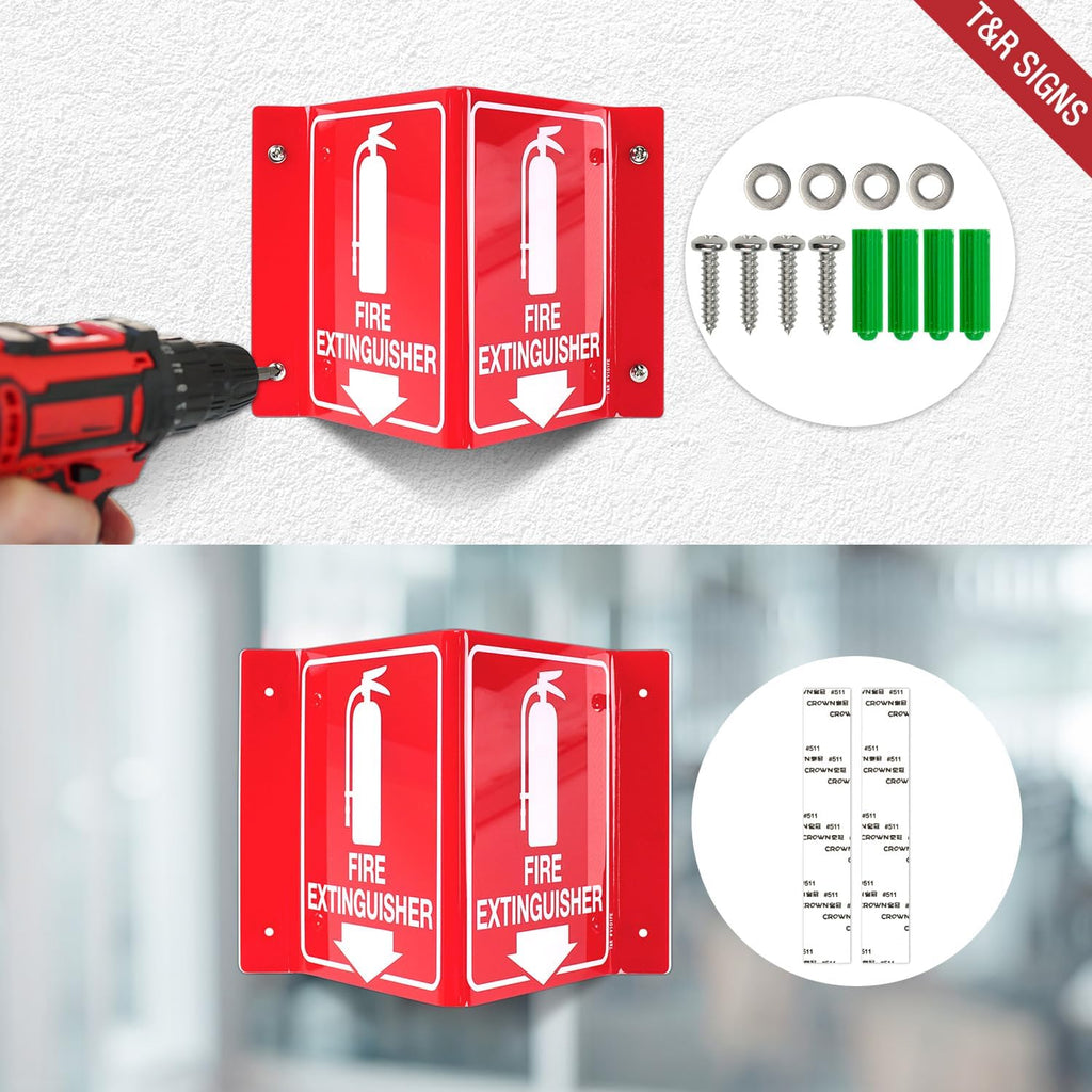 T&R Fire Extinguisher Sign, Fire Extinguisher with Down Arrow - 4 Pack - 8 x 6 Inches Acrylic, 4 pre-drilled holes, Includes Matching Screws, Use for Home Office/Business