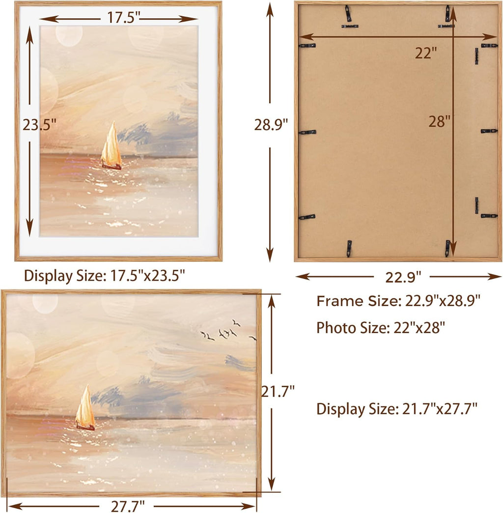 22x28 Picture Frame, Natural Oak Wood 22 x 28 Poster Frames, Set of 2, 22x28 Frame Matted to 18x24, 22 by 28 Picture Frames with Tempered Glass, Oak Color