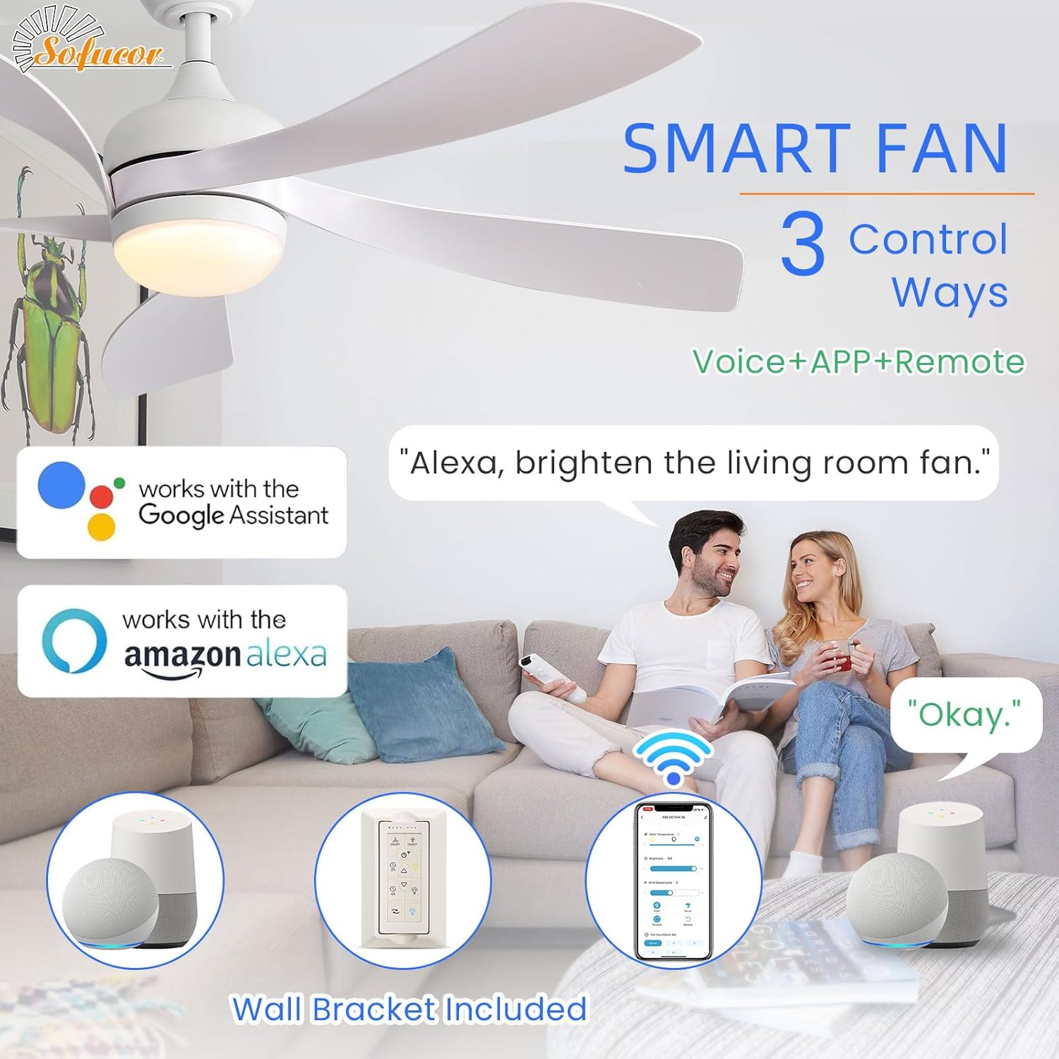 Sofucor 52" Smart Ceiling Fan, Indoor/Outdoor White Ceiling Fans with Lights and Remote, Works with Alexa/Google/App, 3-Color Light 6-Speed Timing Reversible DC Motor for Bedroom Living Room Patio