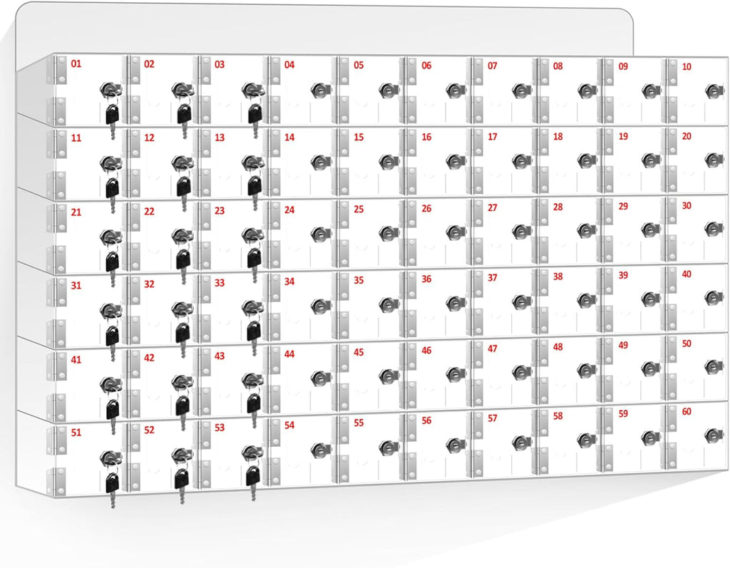 60 Slots Clear Acrylic Cell Phone Locker Box Wall-Mounted with Keys, Lockable Secure Storage Cabinet for Classroom Office Gym, Multi-Use Phone Lock Organizer for Employees Students (Large)