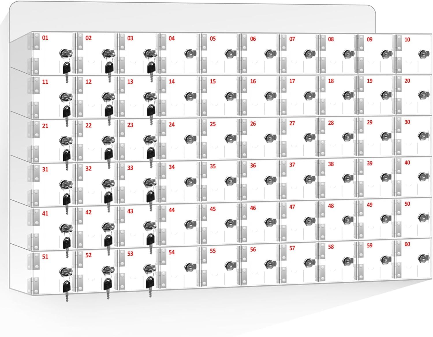 60 Slots Clear Acrylic Cell Phone Locker Box Wall-Mounted with Keys, Lockable Secure Storage Cabinet for Classroom Office Gym, Multi-Use Phone Lock Organizer for Employees Students (Large)