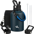 Insulated Water Bottle with Straw,50 oz 3 Lids Water Jug with Carrying Bag,Paracord Handle,Double Wall Vacuum Stainless Steel Metal Flask,Navy Blue