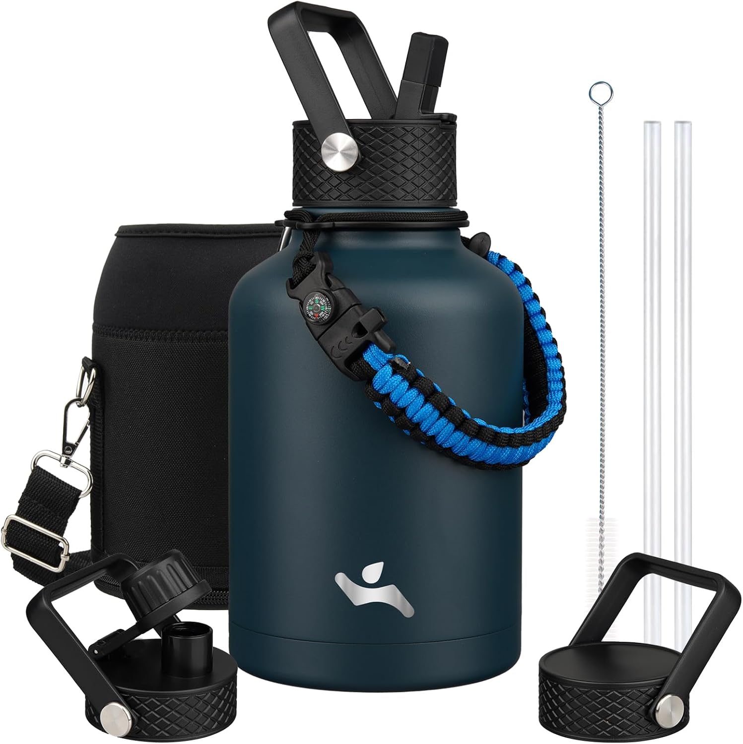 Insulated Water Bottle with Straw,50 oz 3 Lids Water Jug with Carrying Bag,Paracord Handle,Double Wall Vacuum Stainless Steel Metal Flask,Navy Blue