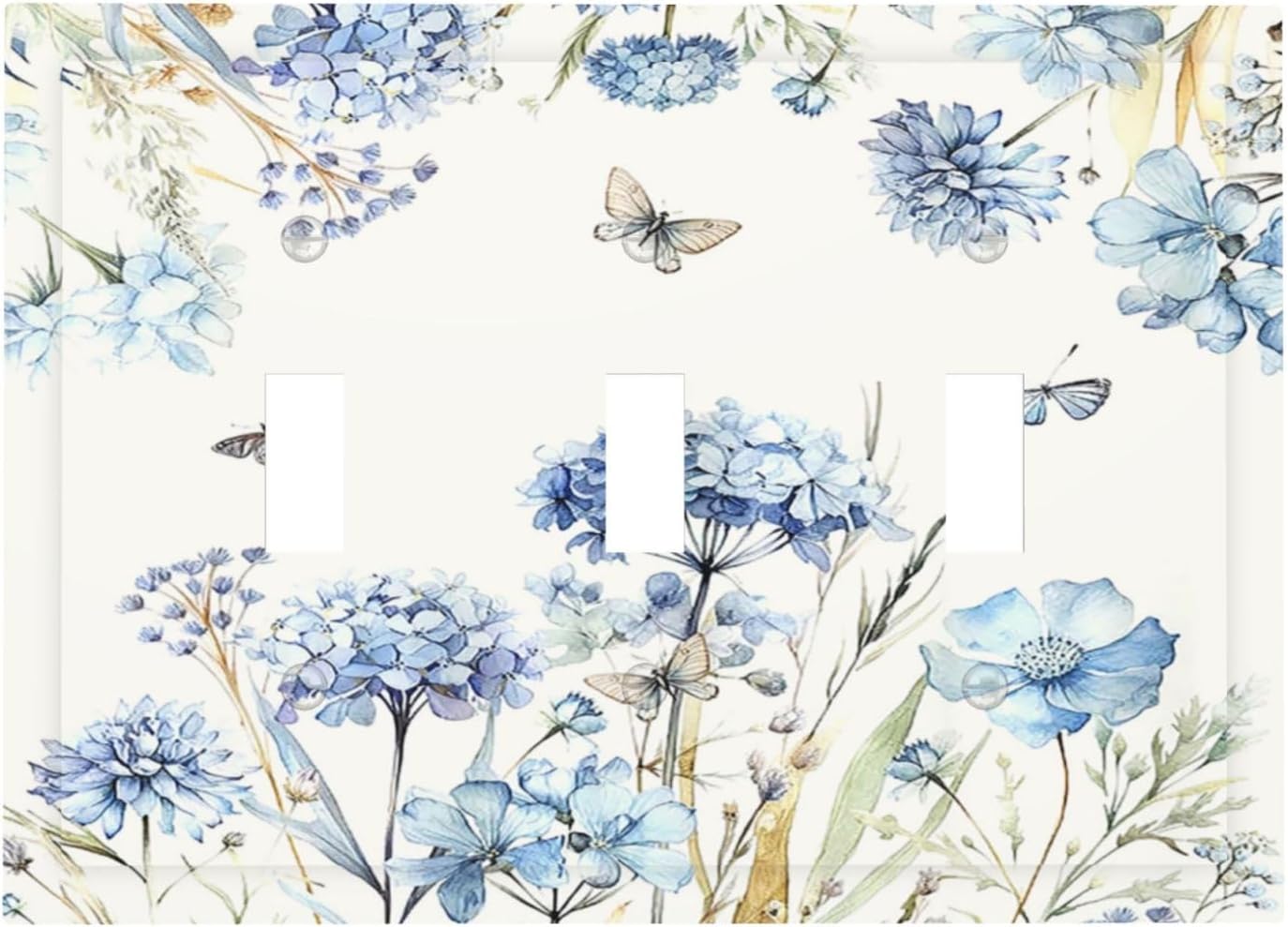 Decorative Switch Plates Blue Floral Hydrangea Plants 3 Gang Wall Plate Faceplate Triple Toggle Light Switch Cover Electrical Wall Panels for Bedroom Home Decor