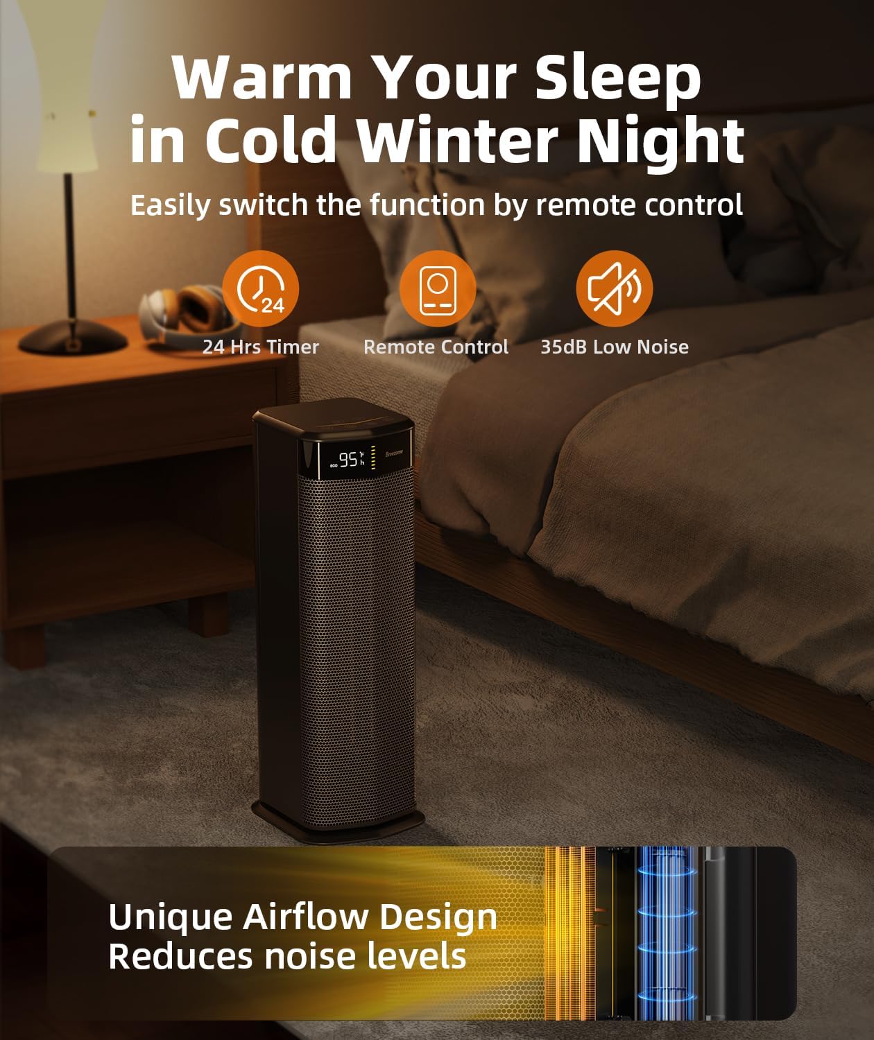 BREEZOME Space Heater for Indoor Use, 1500W Fast Heating Electric Heater with Thermostat & 24H Timer, 90°Oscillating PTC Ceramic Heater, Portable Room Heaters for Home Bedroom Office, Dark Grey