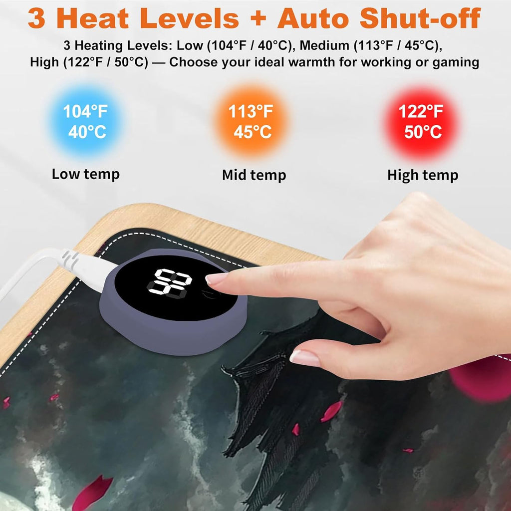 Small Heated Desk Pad 23.6" x 14.2" – Compact Electric Mouse Pad with 3 Heating Levels, Auto Shut-Off, Waterproof PU Surface, Plug-in Warmer for Office or Home Use, Samurai