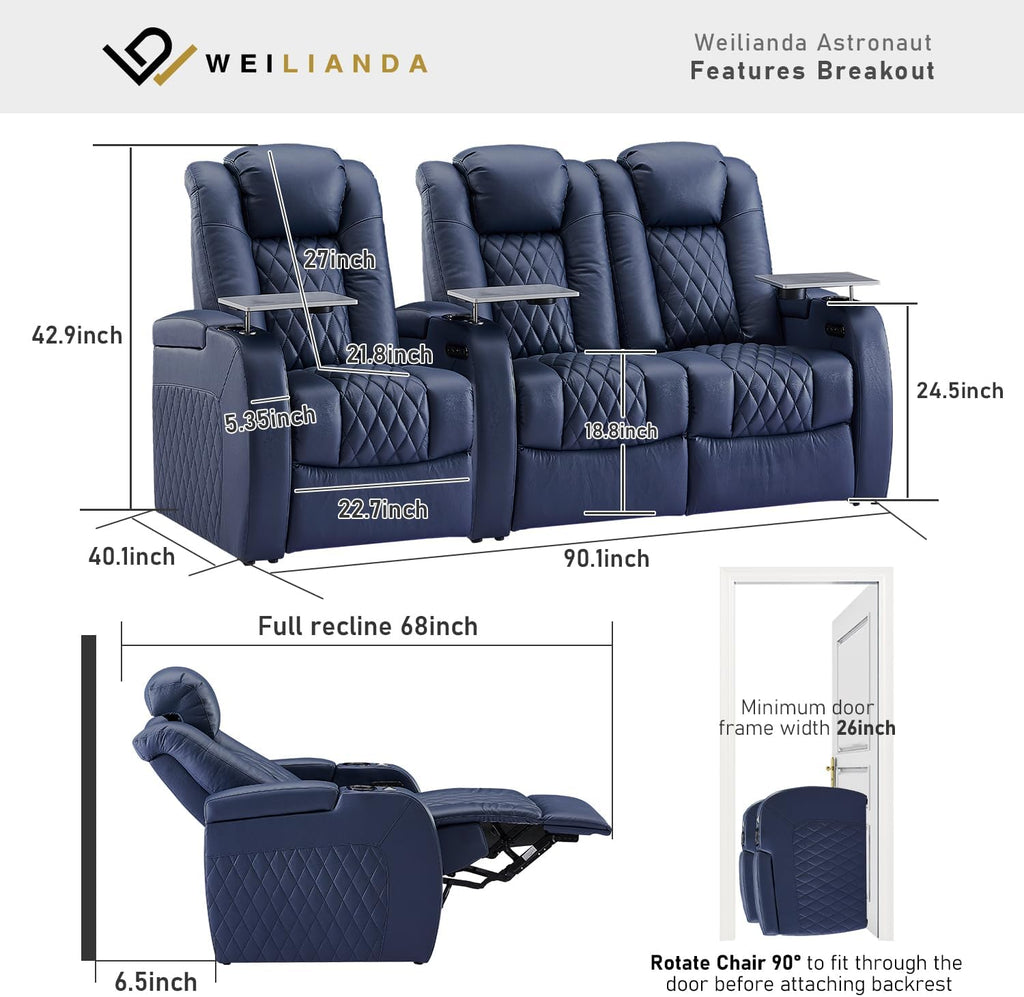 Weilianda Home Theater Seating Top Grain Leather Zero Gravity Recliner Chair Power Headrest Recline Movie Seat Gaming 7 Colors Mood Light Sofa with Tray Table USB Charge Row of 3 Loveseat Right Blue