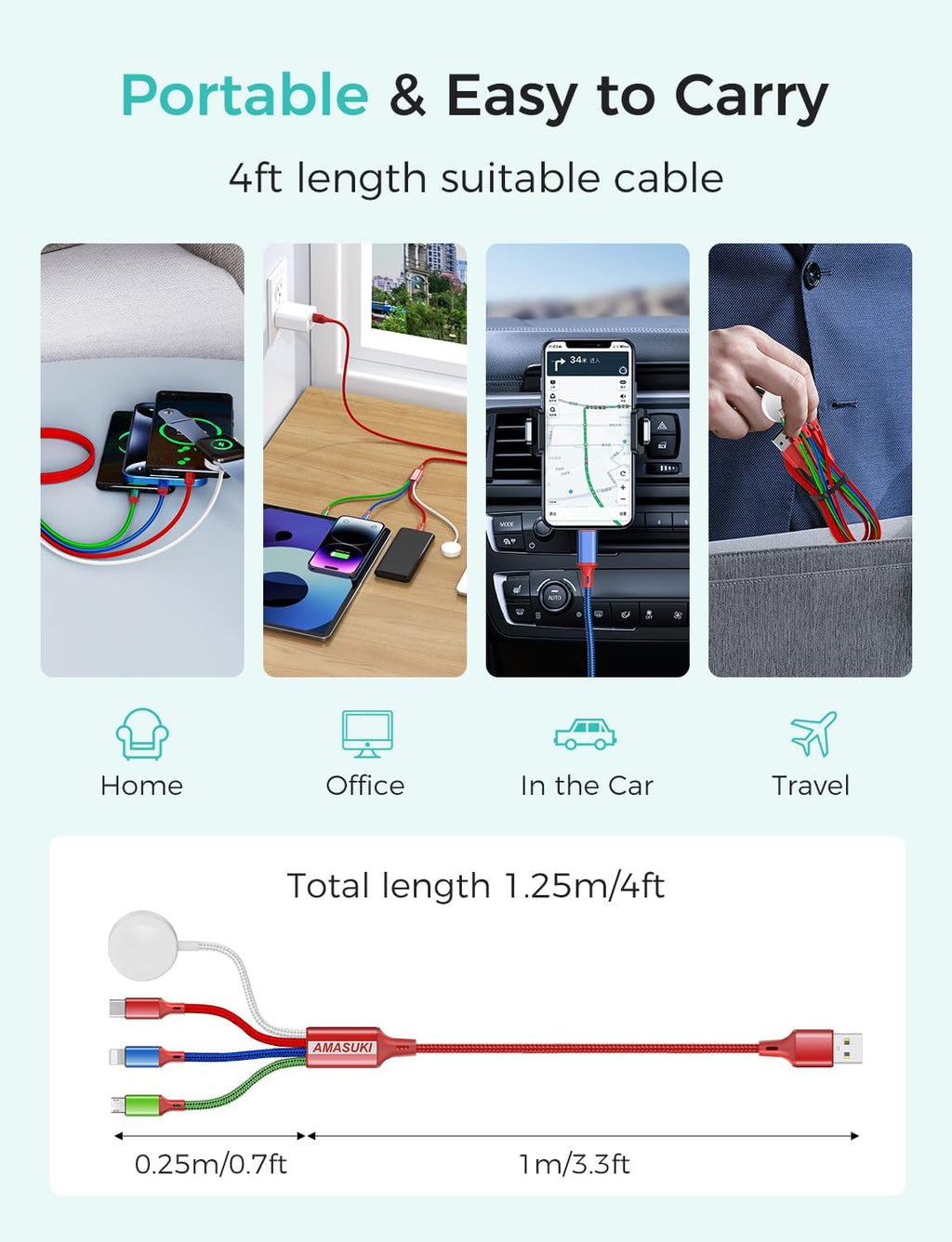 Travel Essentials,4 in 1 for Apple Watch Charger/iPhone Charger/Multi Charging Cable,Vacation RV Camping Essentials,USB C/L/Micro Portable Charger for iWatch 11-1/iPhone 17-12,Car&Gift-Red
