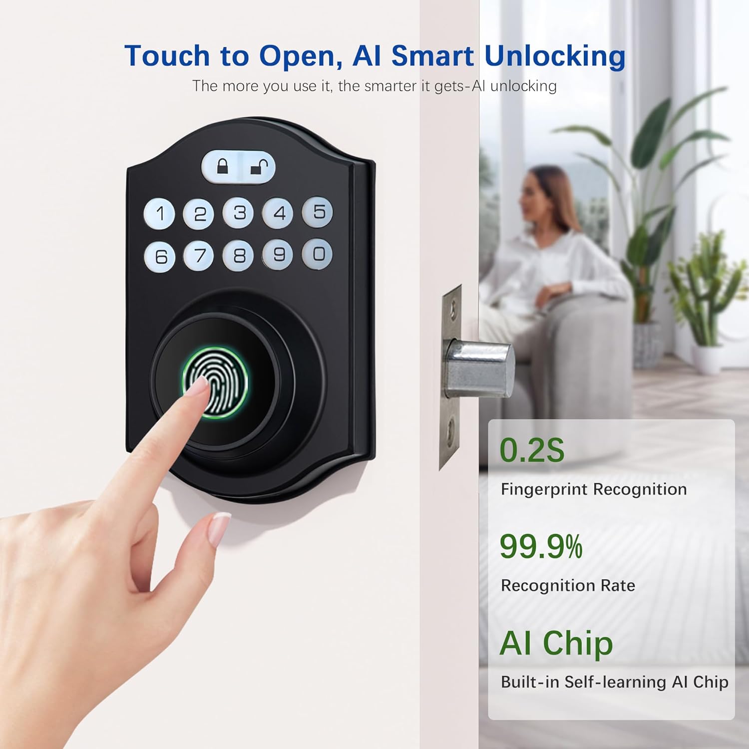 Smart Fingerprint Door Lock, Keyless Entry Deadbolt with Electronic Keypad, Bluetooth App Control, One Time Code, IP65 Weatherproof, for Front Door/Home/Office (Matte Black)